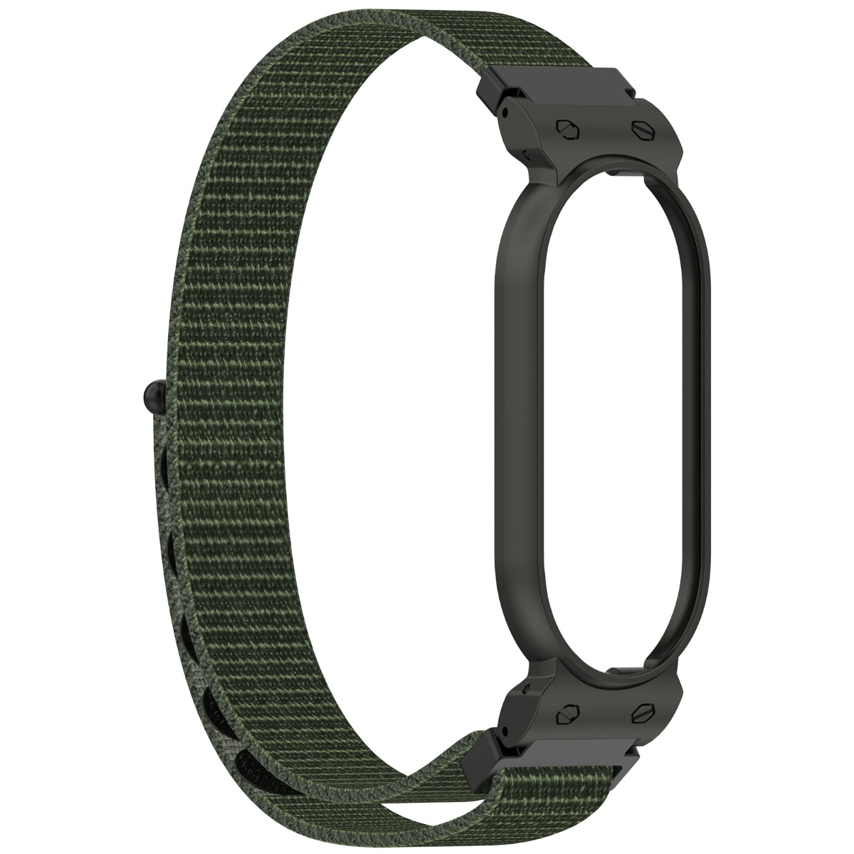 Cinturino in tessuto verde con cornice in metallo nero attaccato a un orologio.