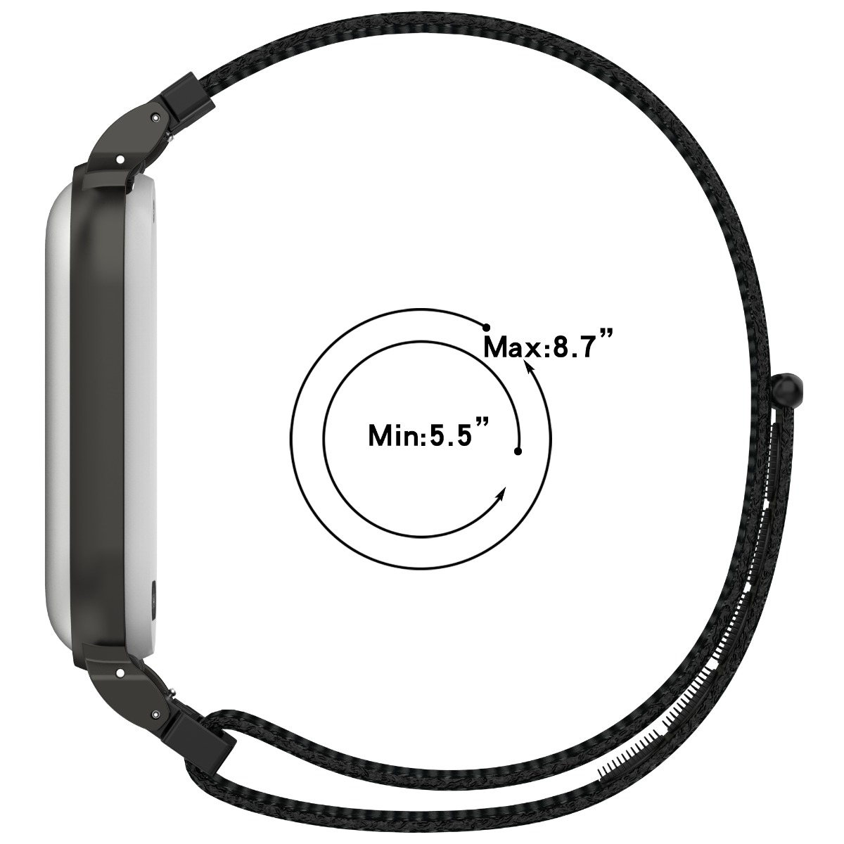 Un cinturino nero collegato a un quadrante bianco, con indicatori di dimensione Min: 5.5" e Max: 8.7".