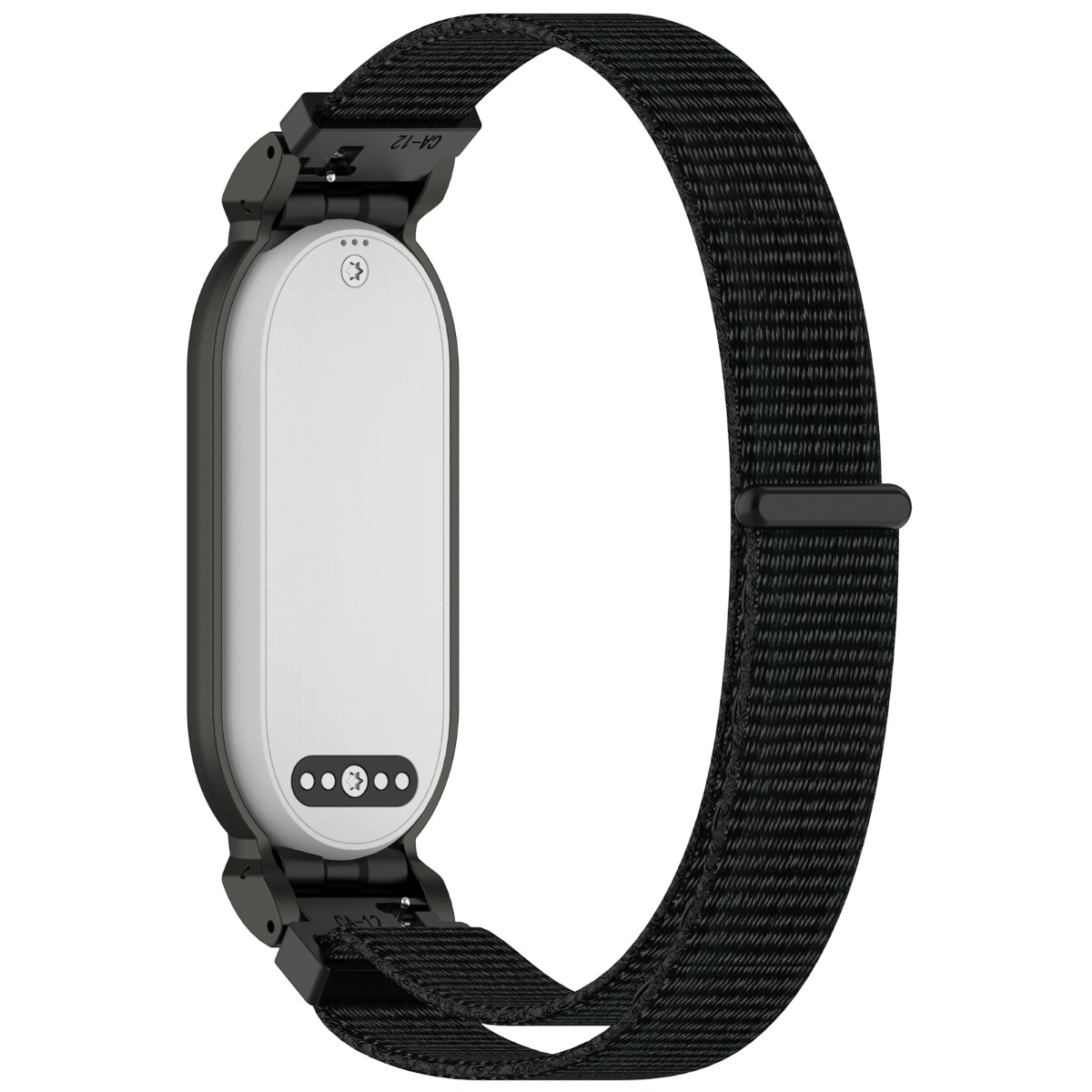 Un cinturino in tessuto nero collegato a un fitness tracker bianco e grigio.