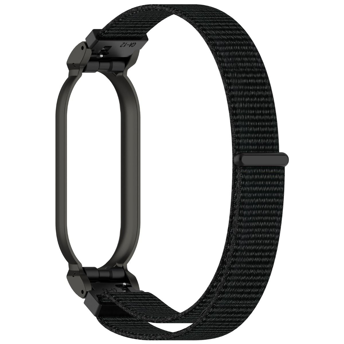 Cinturino nero con cornice in metallo nero e passante in tessuto.
