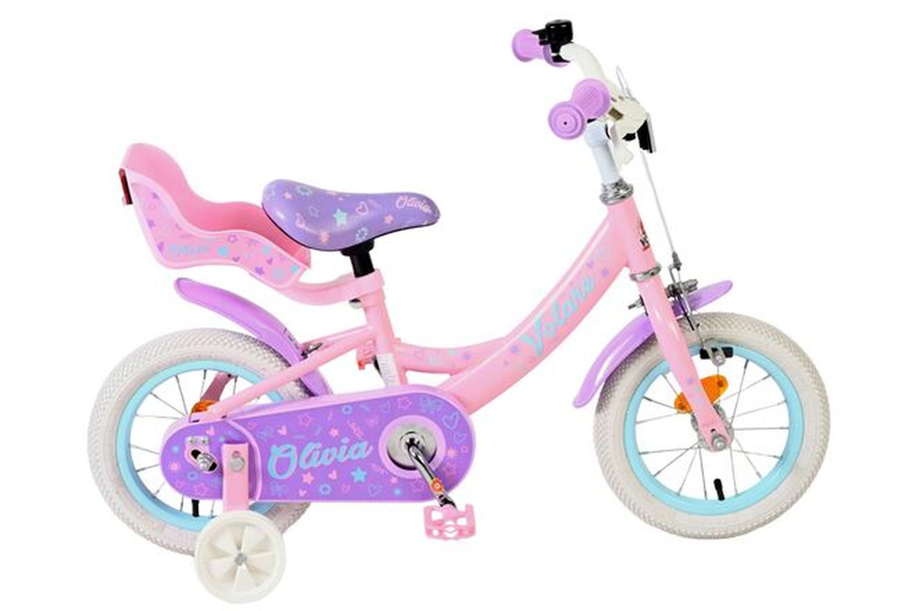 Rosa-lila Kinderfahrrad mit Stützrädern, Sternen und Herzen.