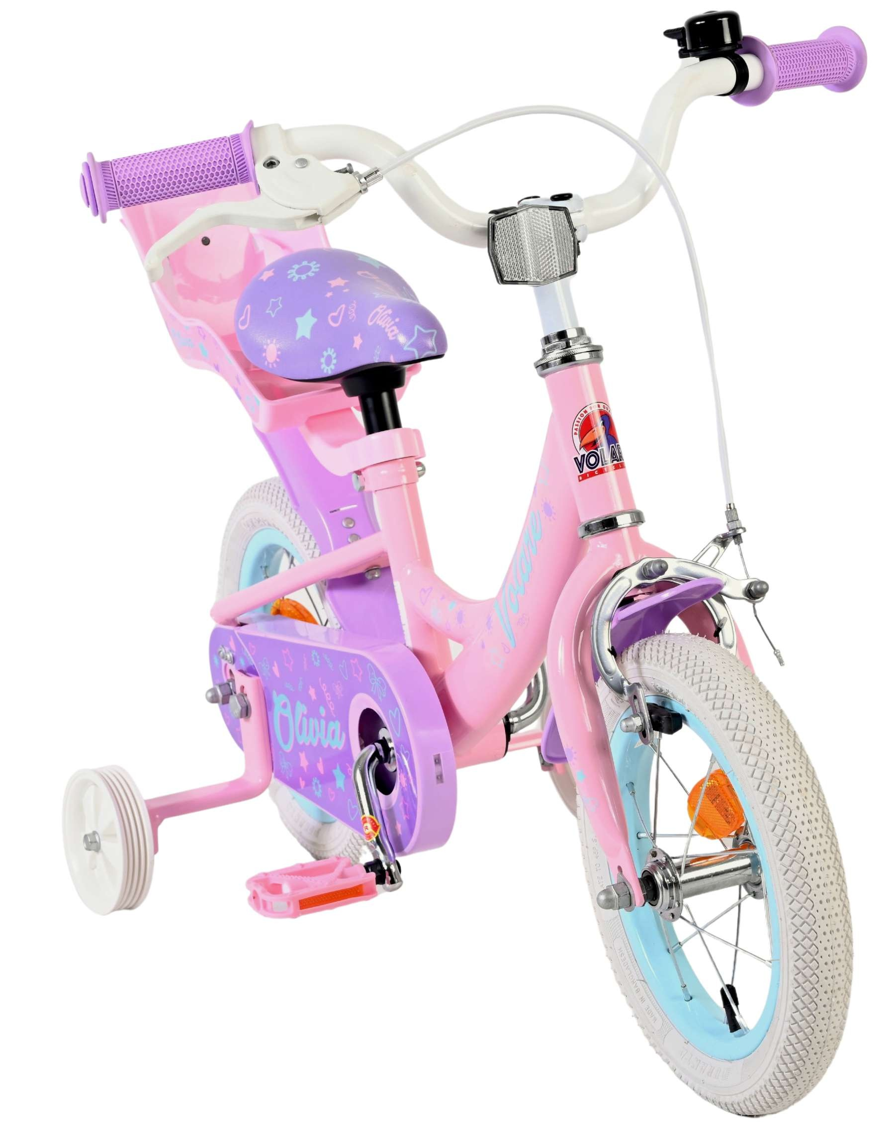 Ein rosa und lila Kinderfahrrad mit Stützrädern, Sternen und dem Namen Olivia.