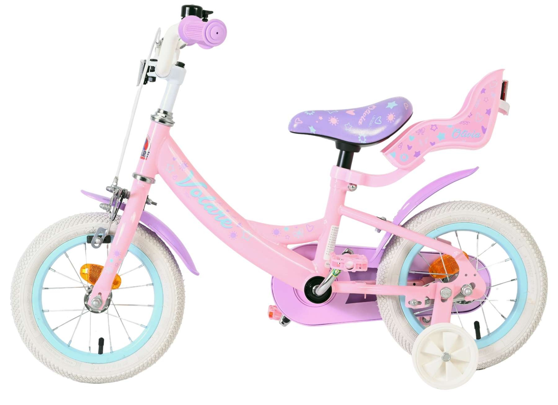 Ein rosafarbenes Kinderfahrrad mit Stützrädern und lila Akzenten.