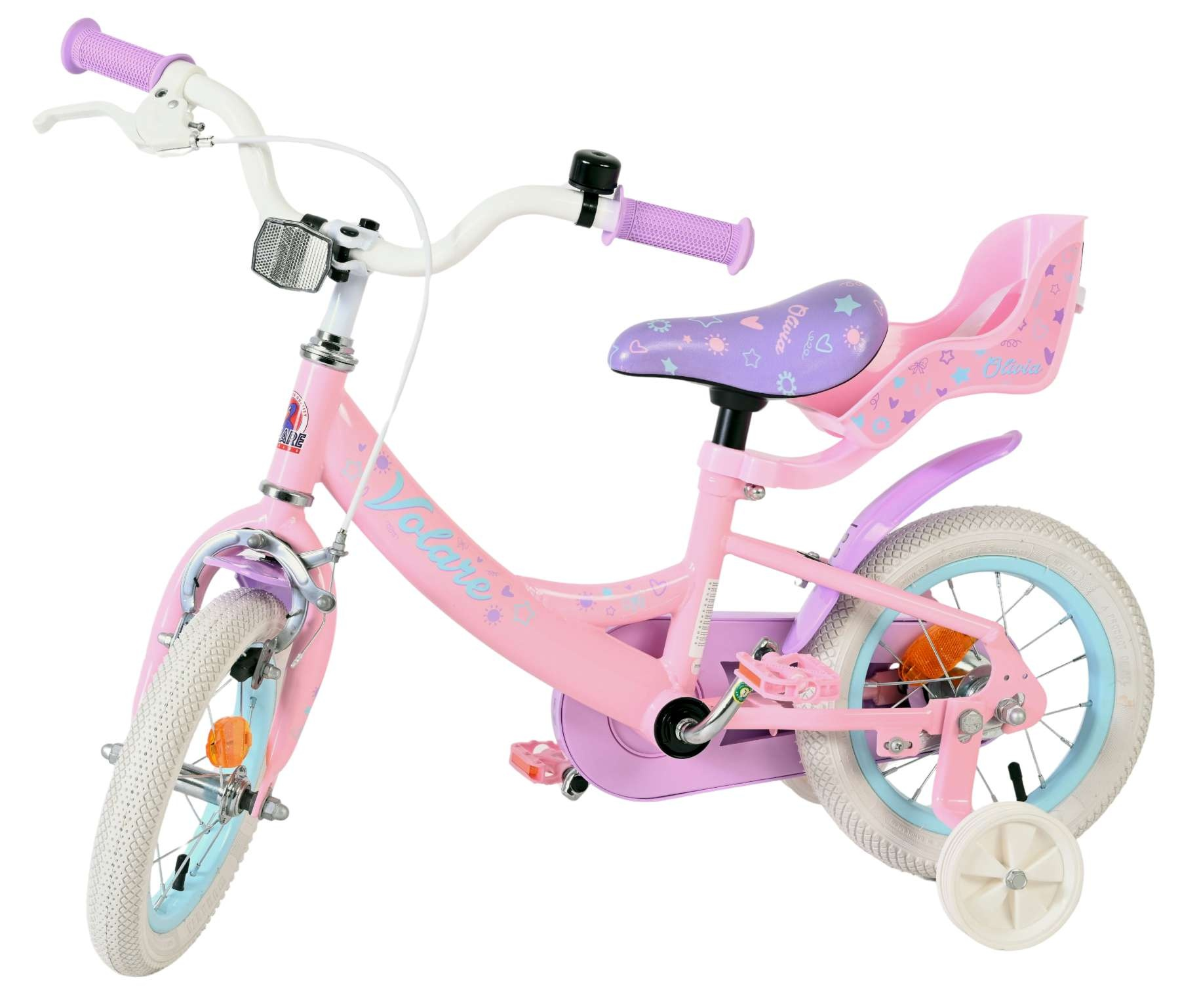 Ein rosa Kinderfahrrad mit Stützrädern, lila Griffen und einemonda.