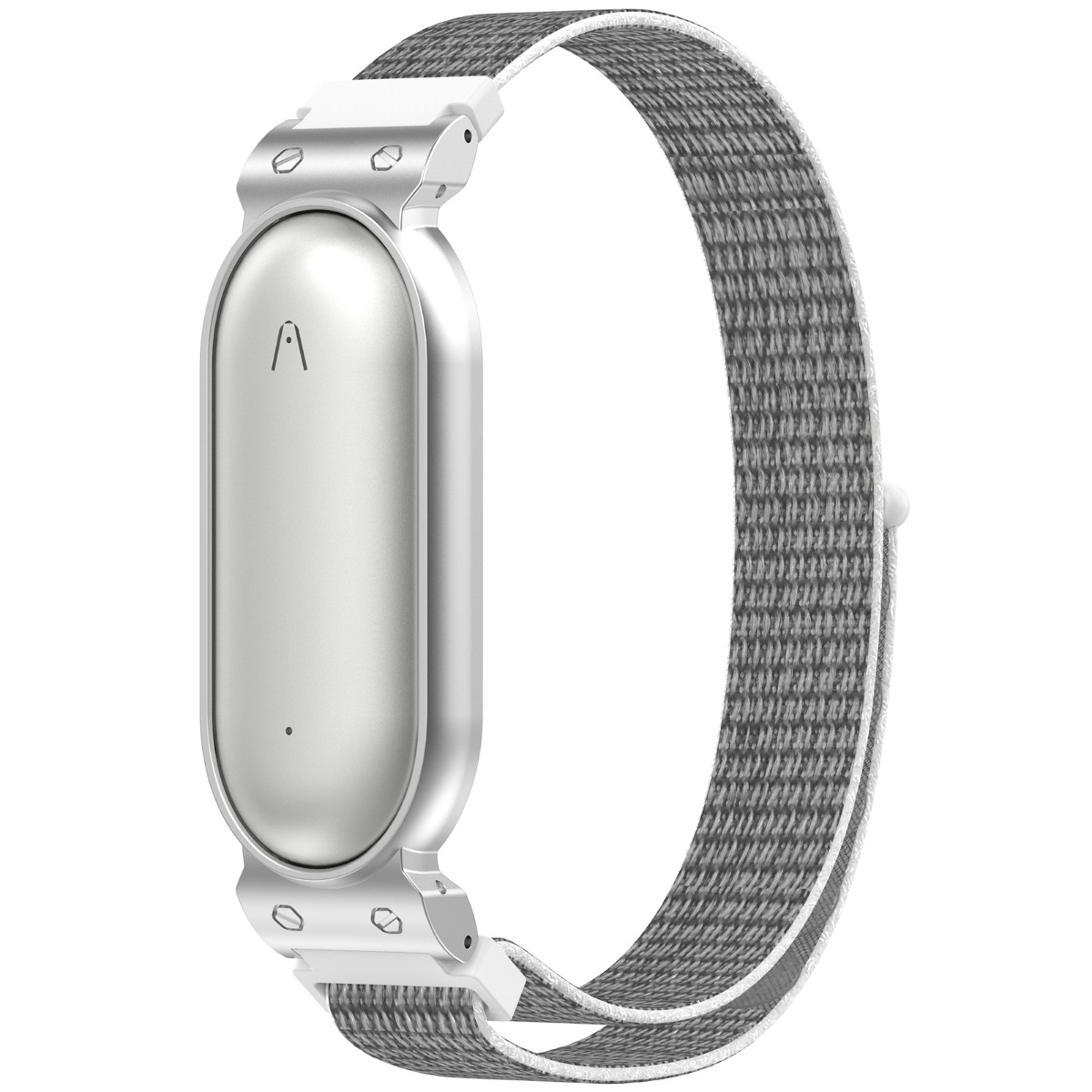 Un braccialetto smart argentato con cinturino in tessuto grigio. Una "A" sul display.