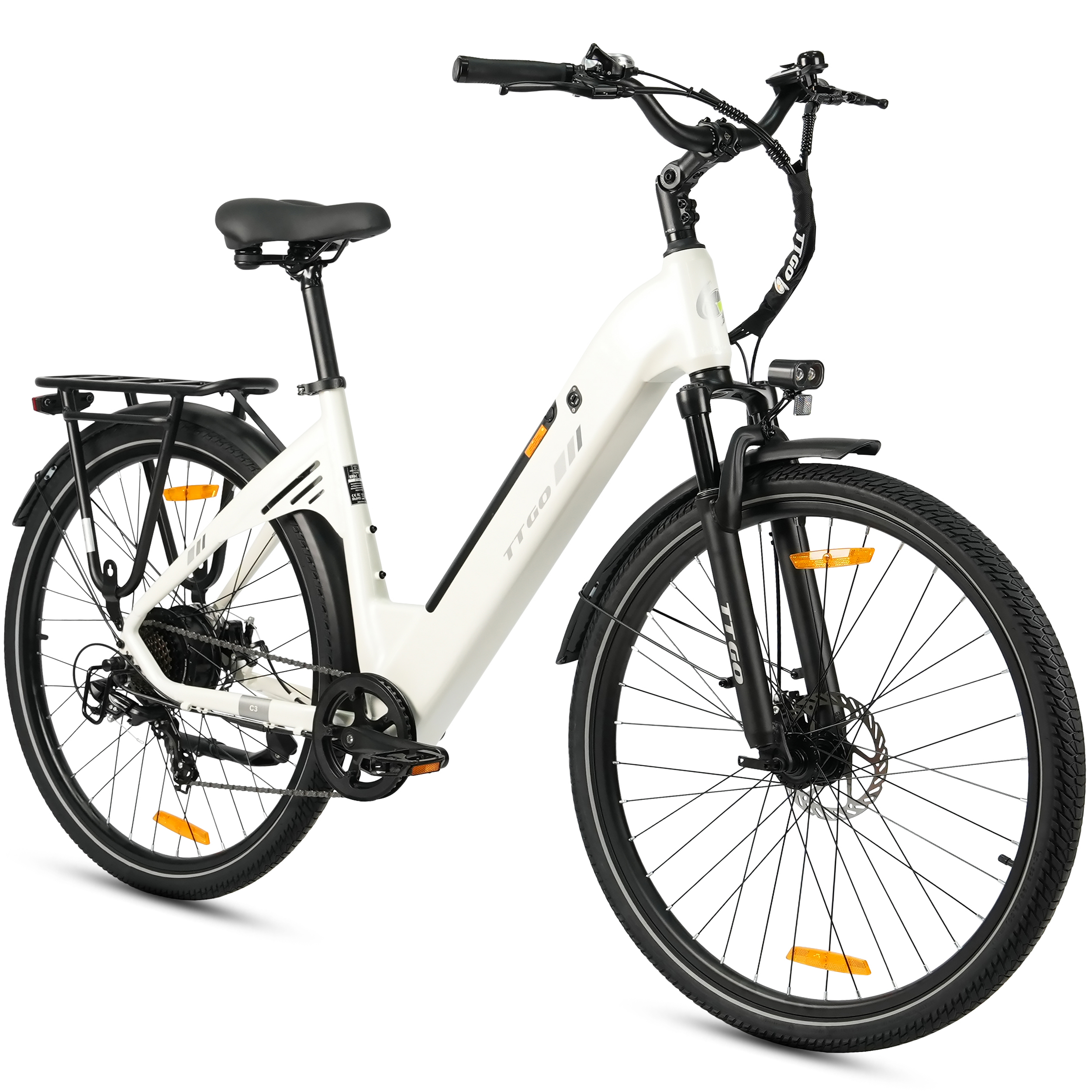 Ein weißes Elektrofahrrad mit schwarzen Akzenten, auf weißem Hintergrund.