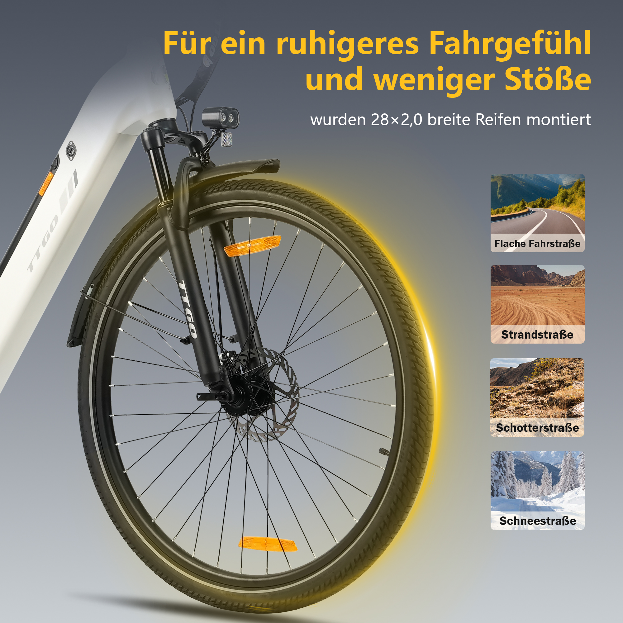 Ein weißes Fahrrad mit breiten Reifen und Reflektoren, für verschiedene Straßen.