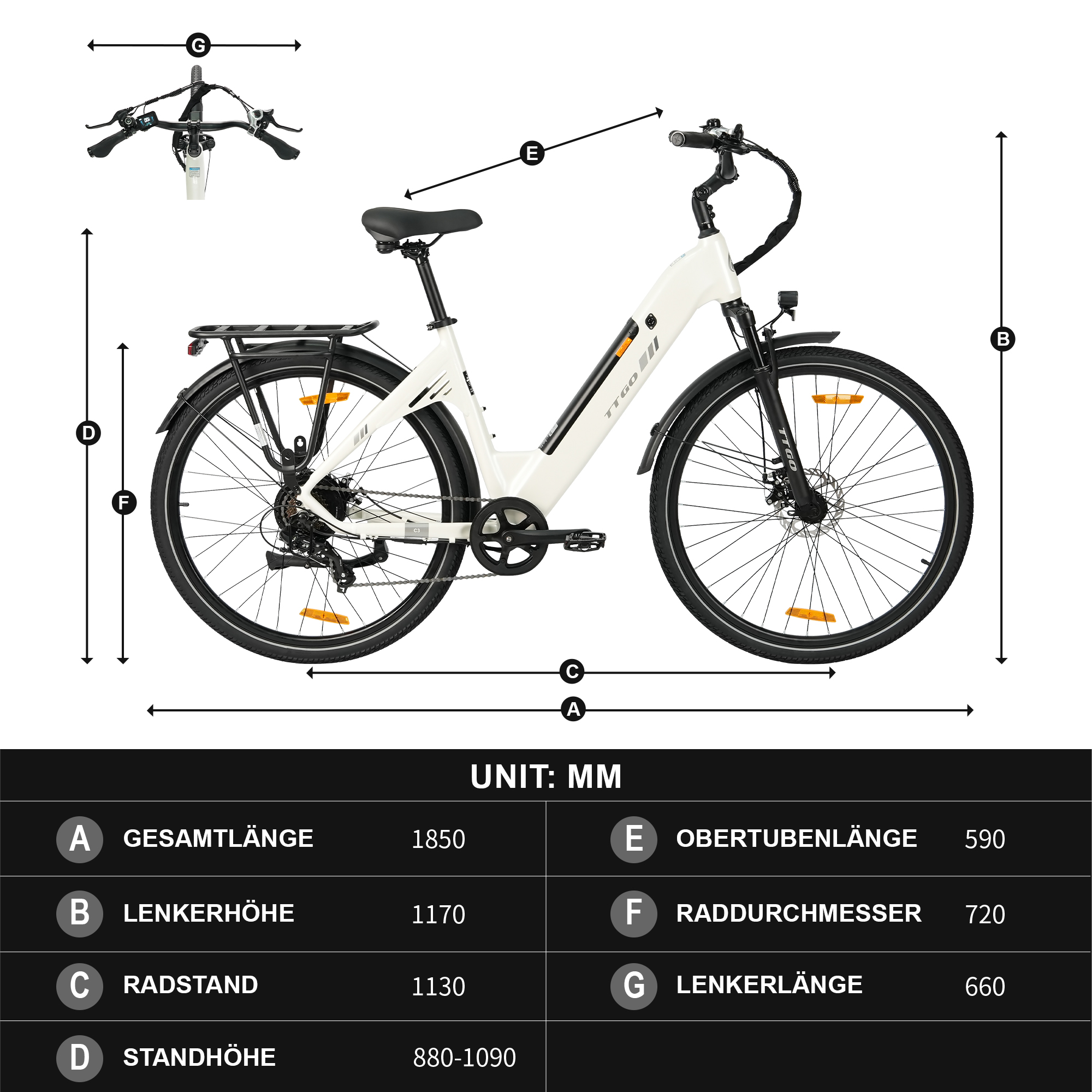 Technische Zeichnung eines weißen E-Bikes mit Maßen.