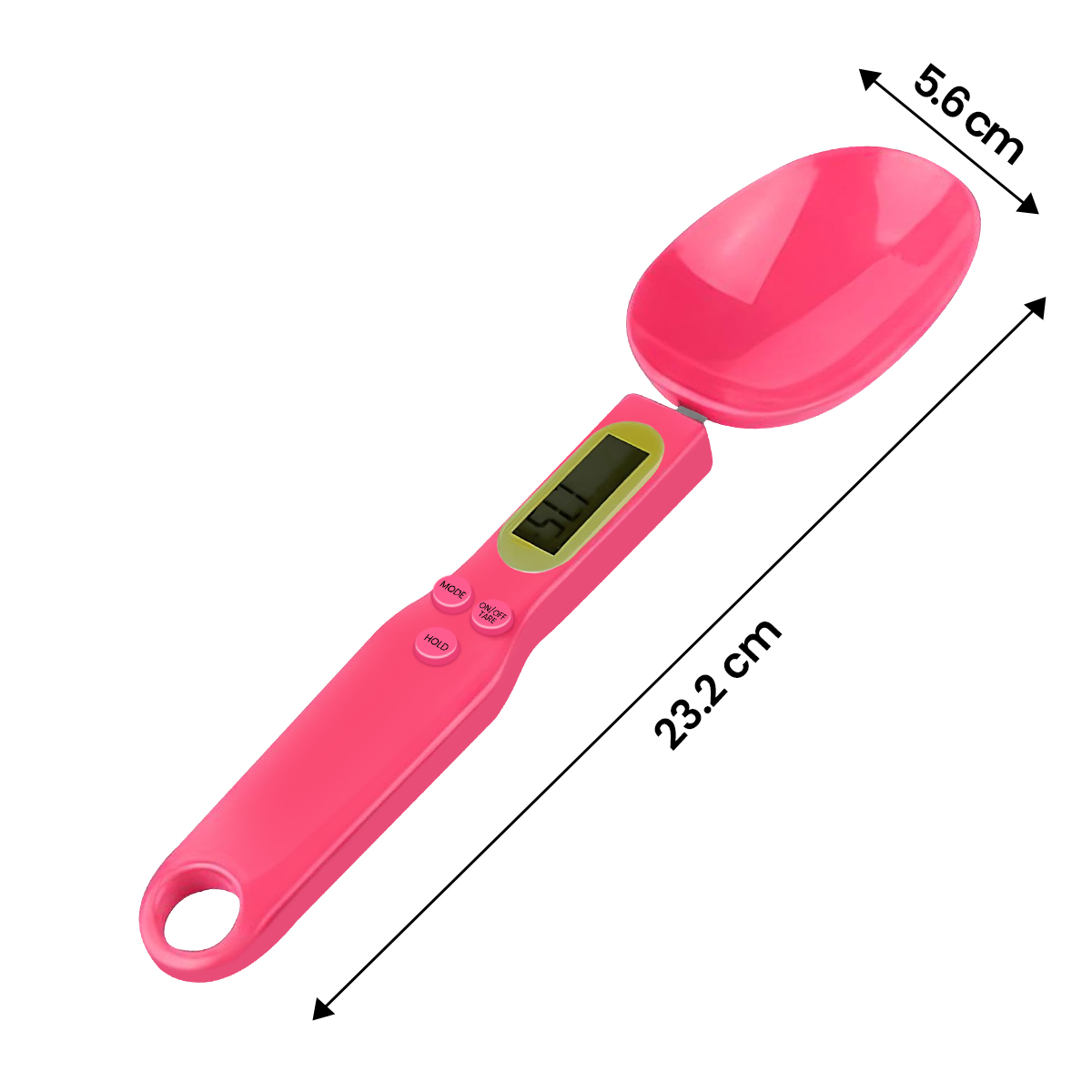 Eine rosa Löffelwaage mit digitalen Anzeigen und Maßen.