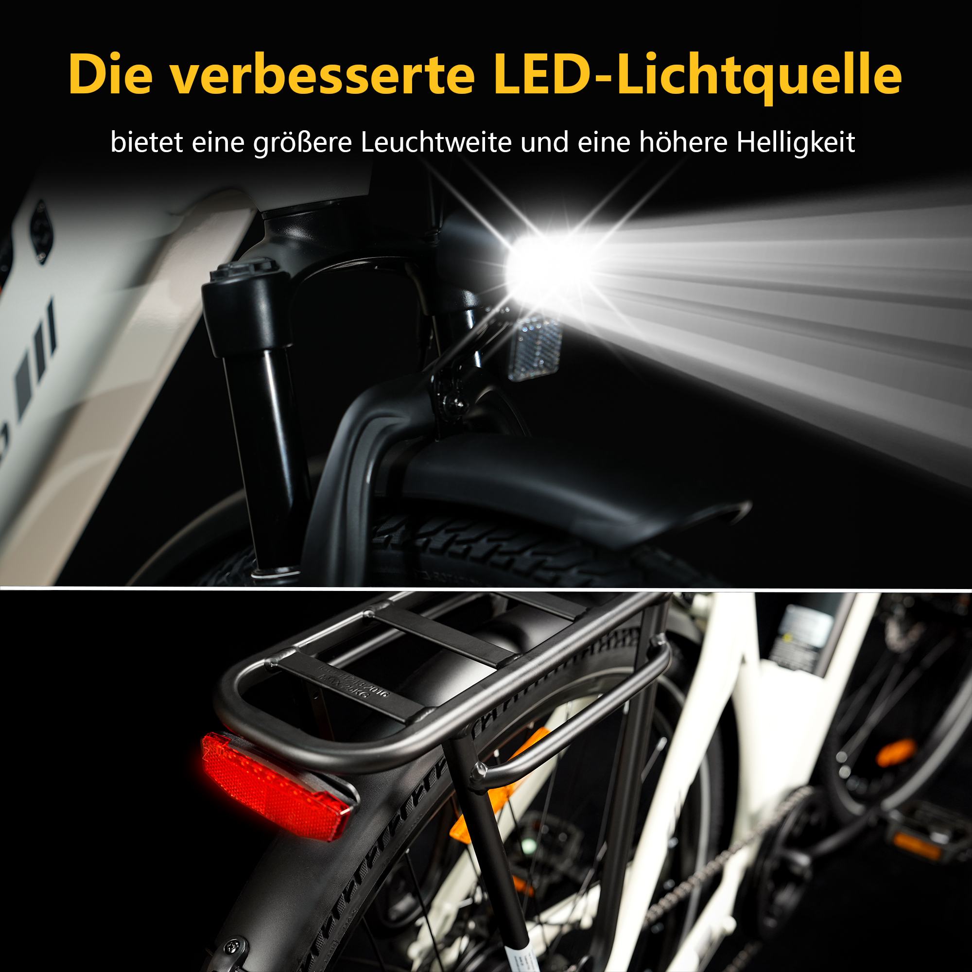 Ein weißes Fahrrad mit eingeschaltetem Scheinwerfer und Rücklicht.