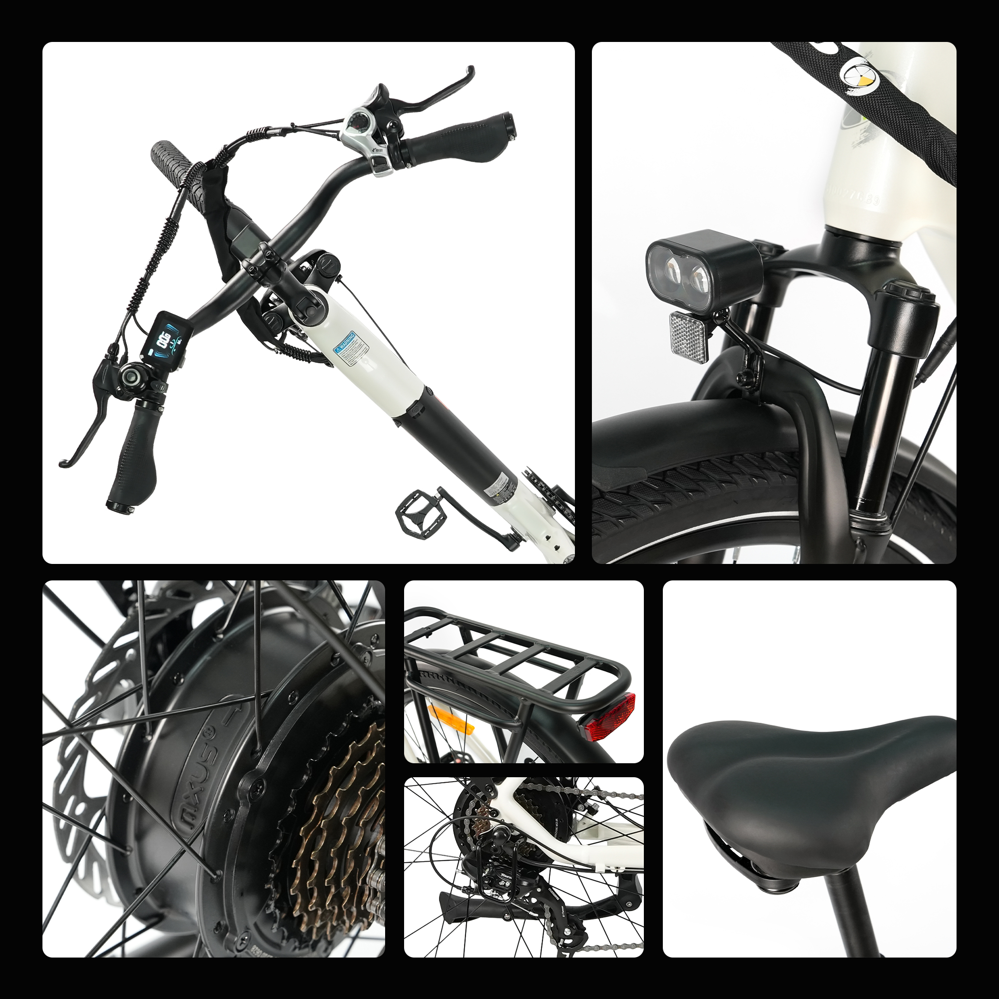 Nahaufnahme eines weißen E-Bikes mit Fokus auf Lenker, Licht, Hinterradnabe, Gangschaltung und Sattel.
