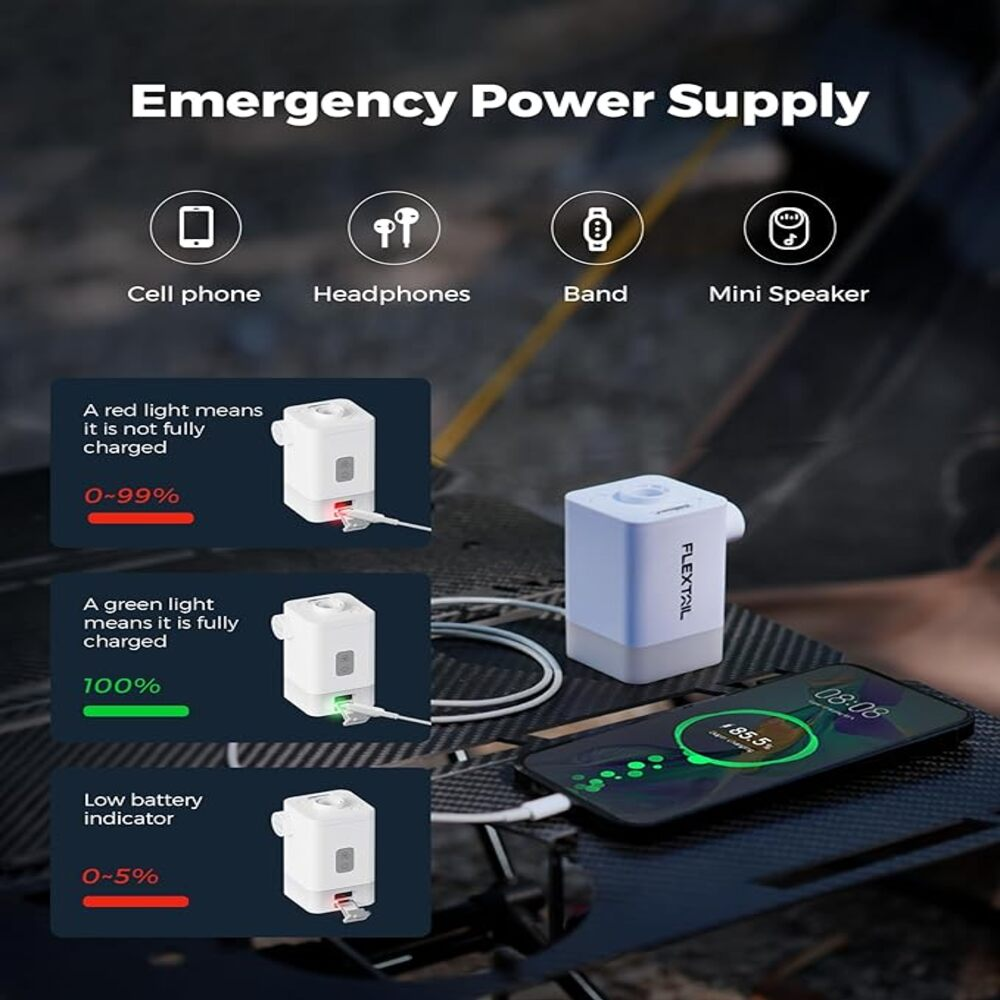 Alimentatore di emergenza bianco in carica un telefono. Indicatori mostrano rosso (0-99%), verde (100%) o rosso (0-5%).