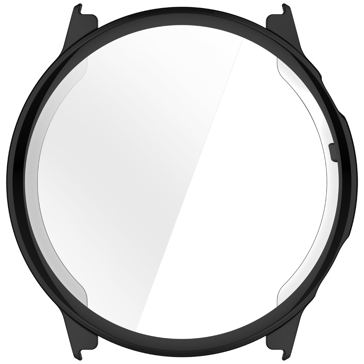 Schwarzer Uhrenschutz mit transparentem Displaybereich.