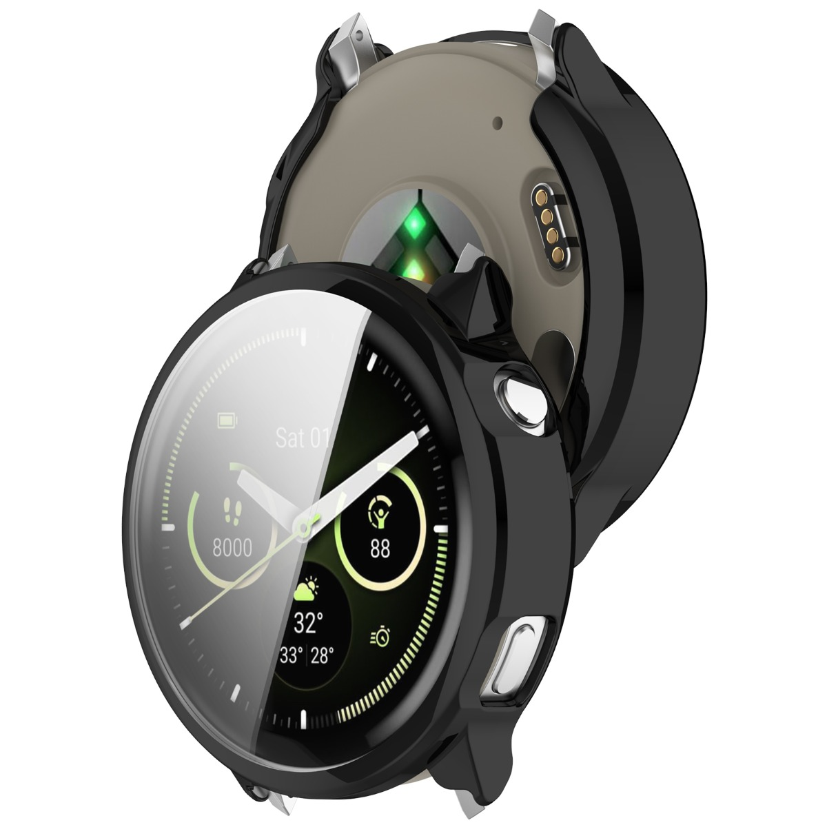 Schwarze Schutzhülle für eine runde Smartwatch mit Anzeige von Uhrzeit, Datum und Wetter.