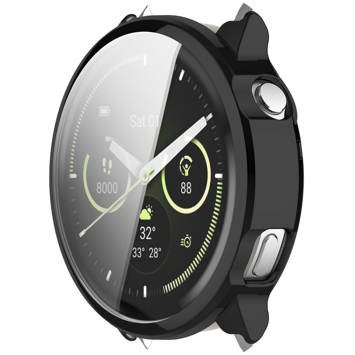 Schwarze Smartwatch mit digitalem Display, zeigt Datum, Schritte, Temperatur und Akku.