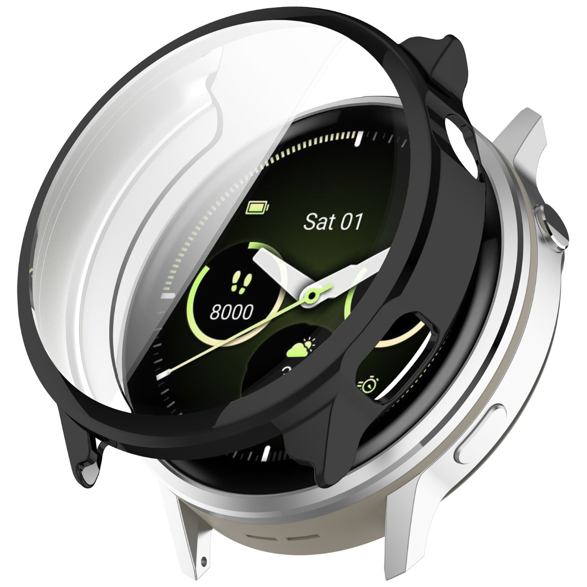 Eine silberne Smartwatch mit schwarzer Schutzhülle und klarer Displayschutzfolie.