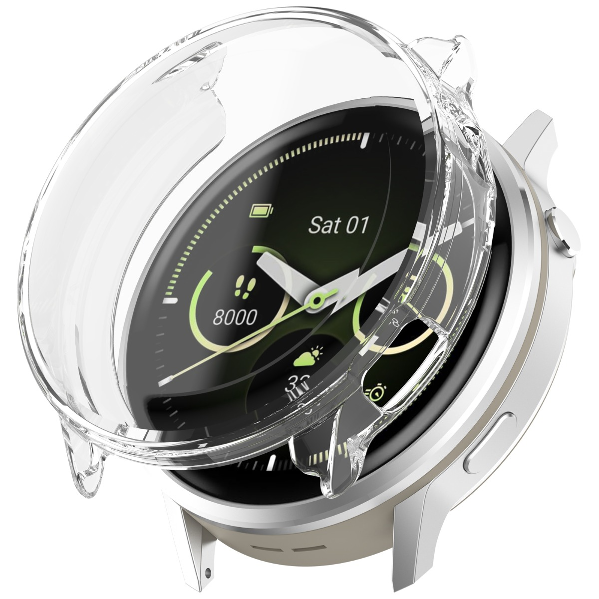 Eine durchsichtige Schutzhülle bedeckt eine Smartwatch mit digitaler Anzeige.
