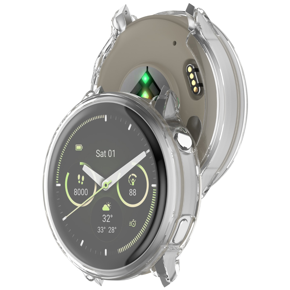 Eine durchsichtige Schutzhülle bedeckt eine Smartwatch mit digitalem Display, das Zeit, Datum und Gesundheitsstatistiken anzeigt.
