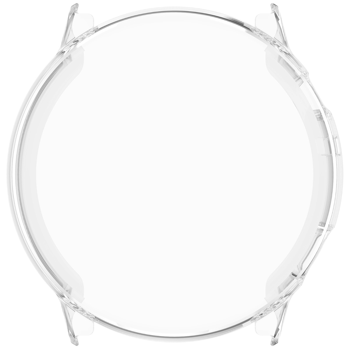 Transparente Schutzhülle für eine runde Uhr, mit Halterungen.