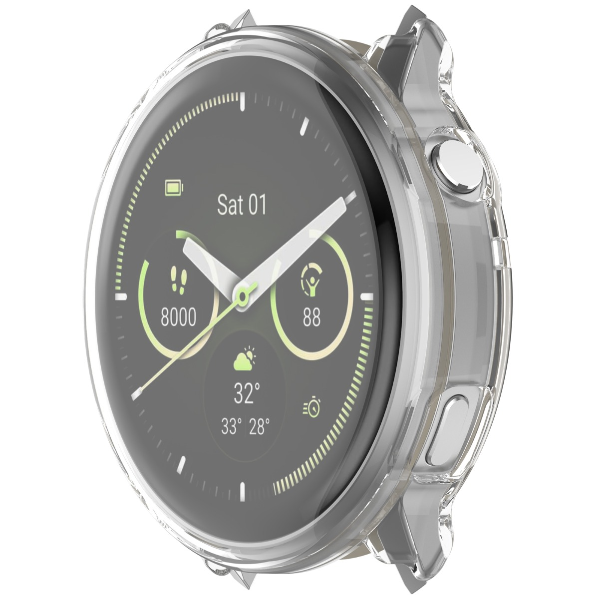 Eine transparente Schutzhülle bedeckt eine Smartwatch mit Datum, Schritten und Temperatur.