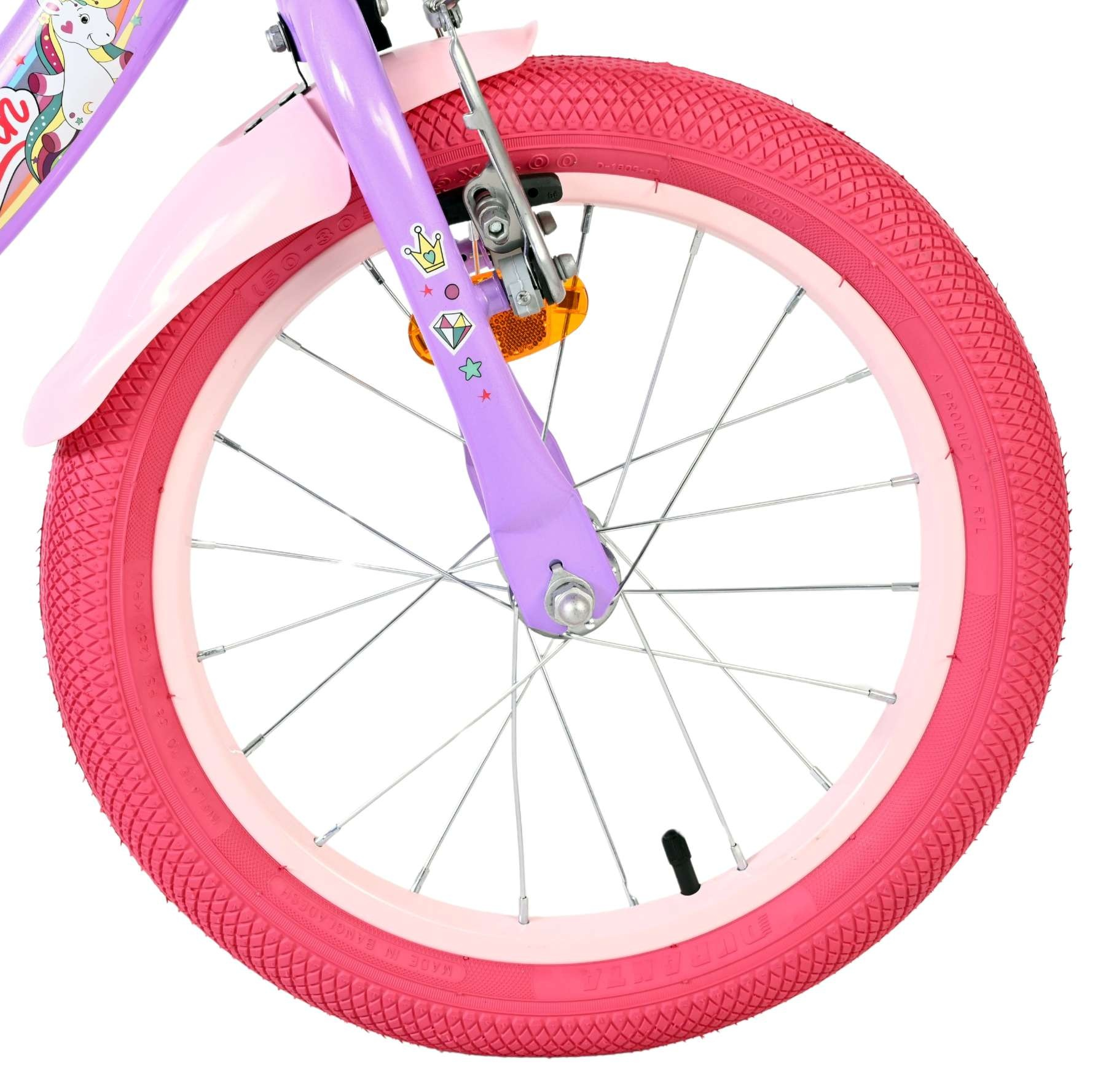 Violette Fahrradgabel mit rosa Schutzblech, pinkem Reifen und Speichen.