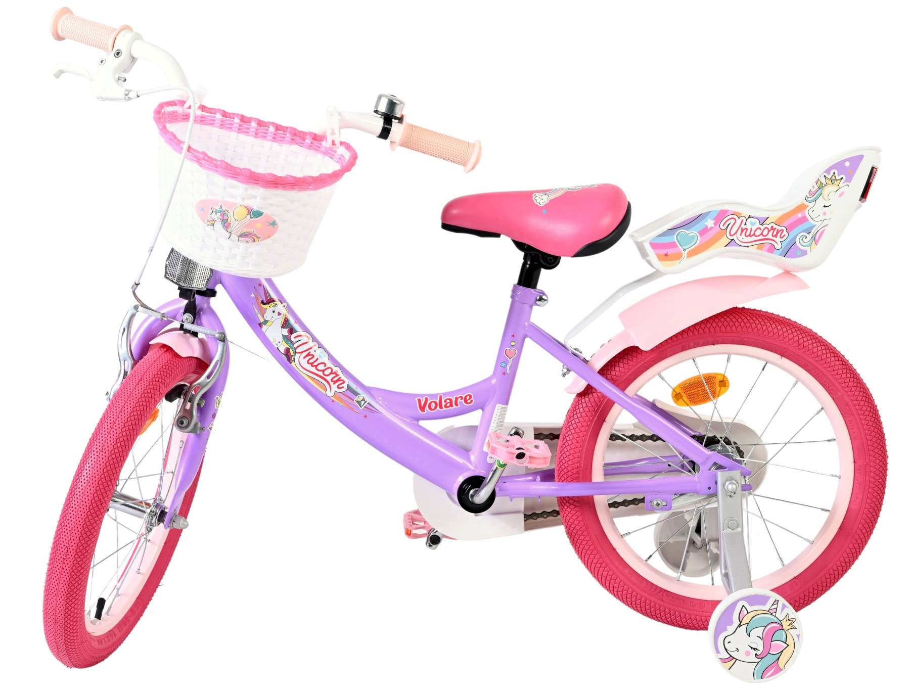 Ein lila Kinderfahrrad mit rosa Rädern, pinkem Sattel und Einhorn-Motiven.