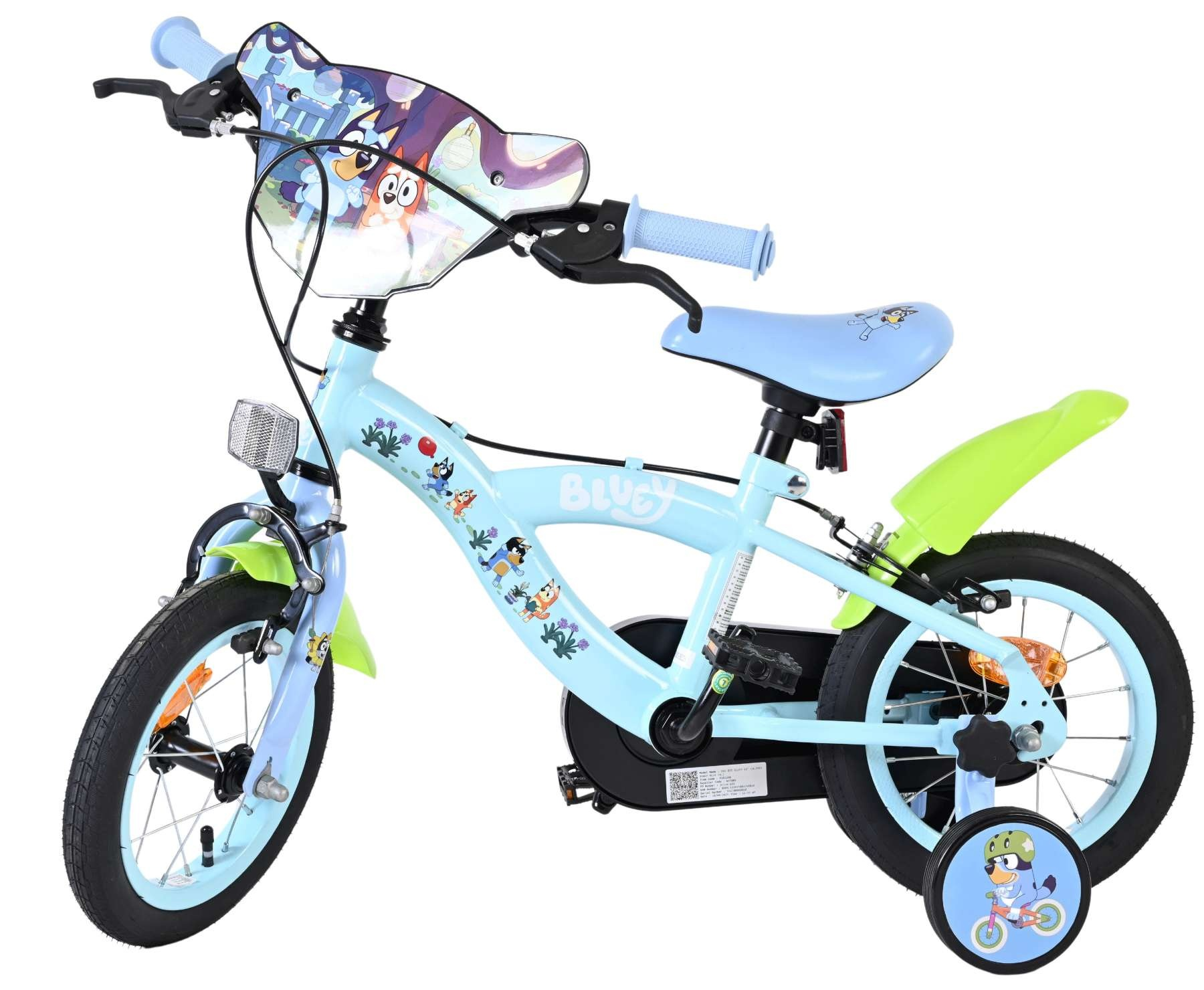 Ein hellblaues Kinderfahrrad mit Bluey-Motiven und Stützrädern.