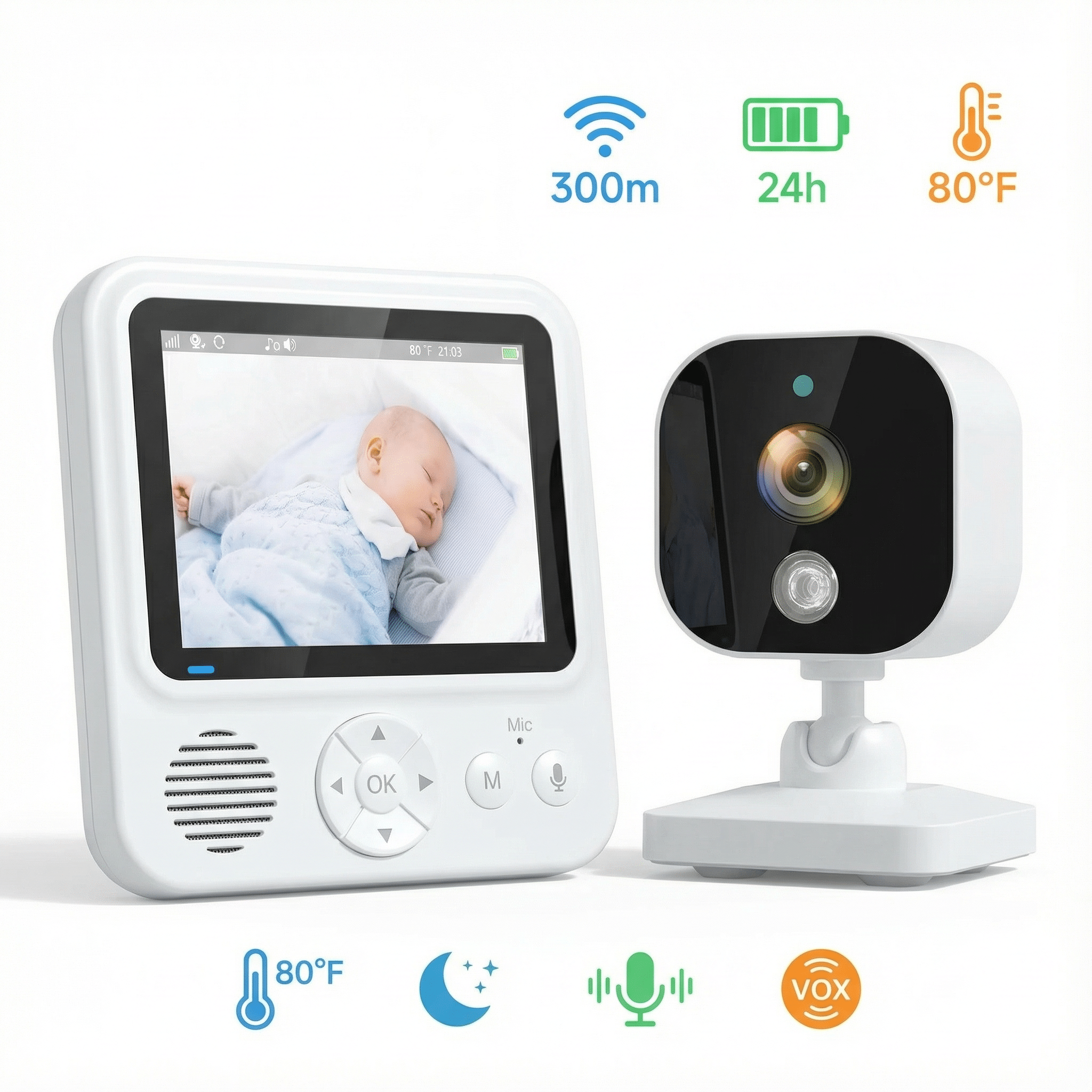 Ein Babyfon mit Monitor, der ein schlafendes Baby zeigt, und einer Kamera.