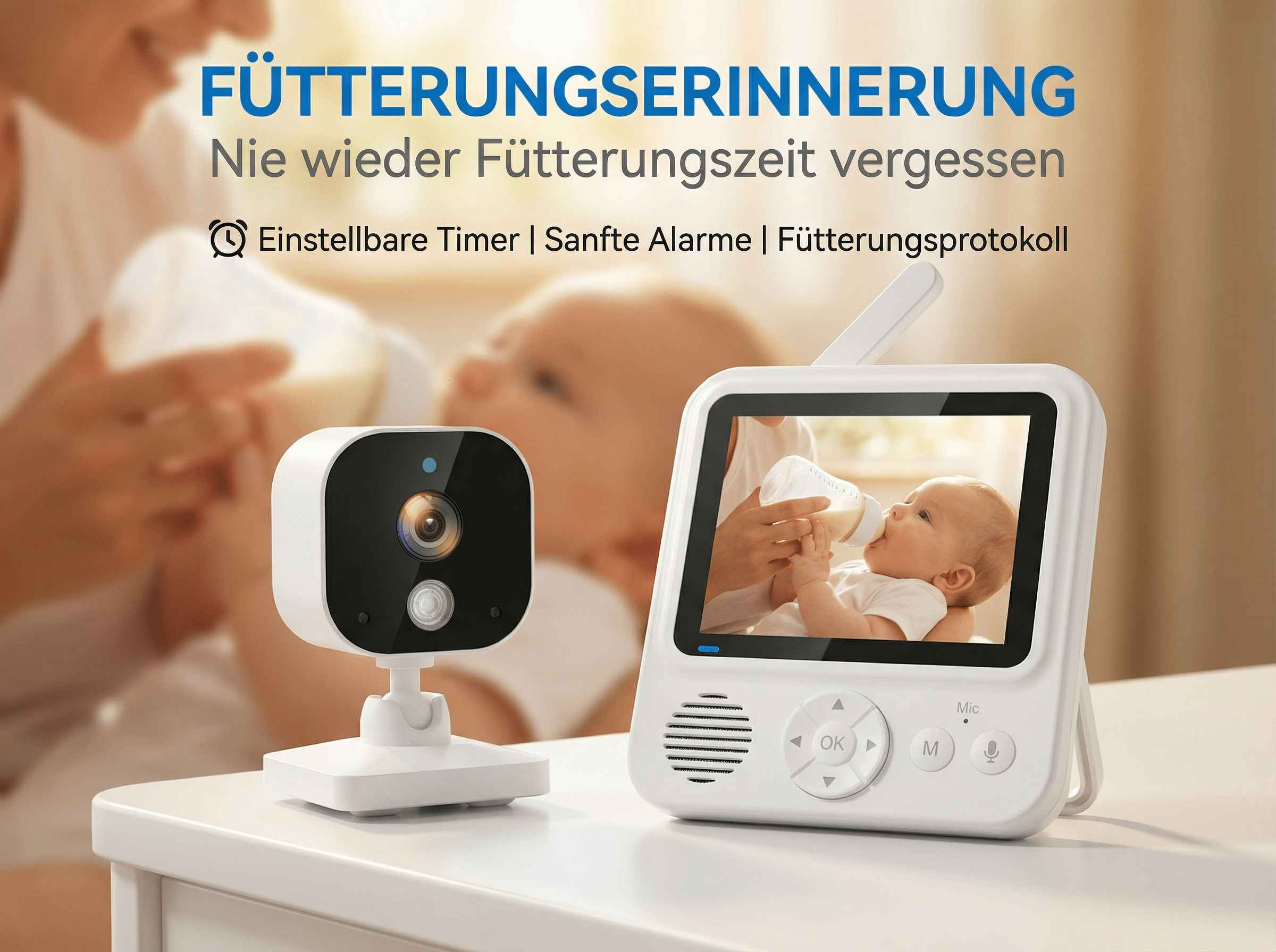 Babyphone mit Kamera und Monitor zeigt Baby beim Fläschchengeben. Text: Fütterungserinnerung.