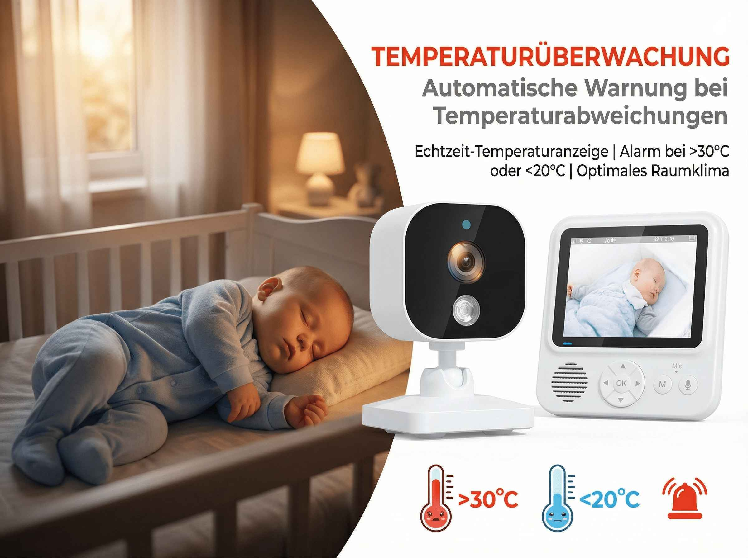 Baby schläft im Stubenwagen, Babyfon mit Kamera und Monitor, Temperaturüberwachung