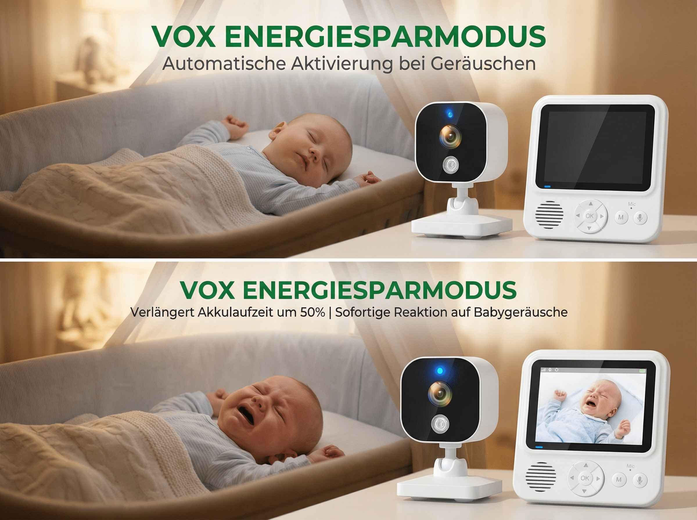 Babyfon: schlafendes Baby, Kamera und Monitor. Babyfon: weinendes Baby, Kamera und Monitor.