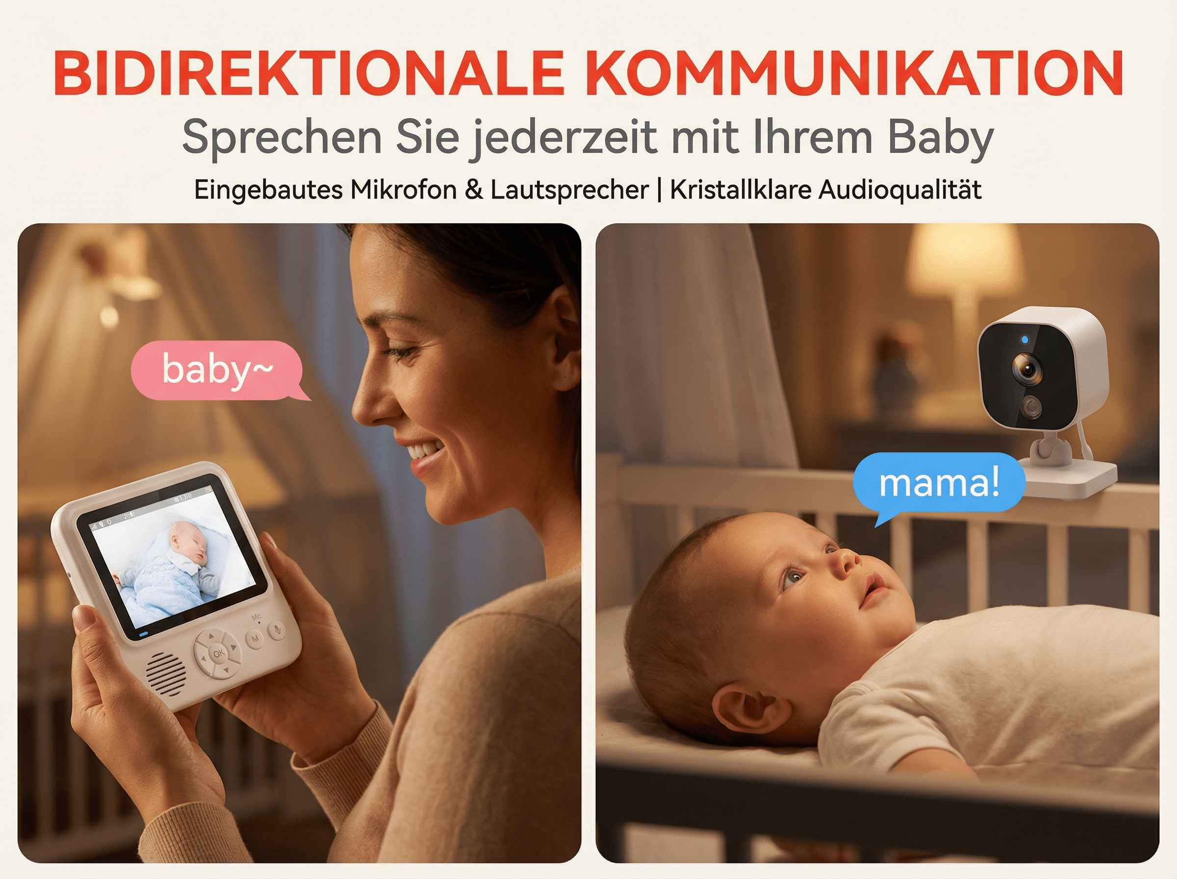 Mutter hält Babyphone, Baby im Bett, Kamera im Hintergrund.