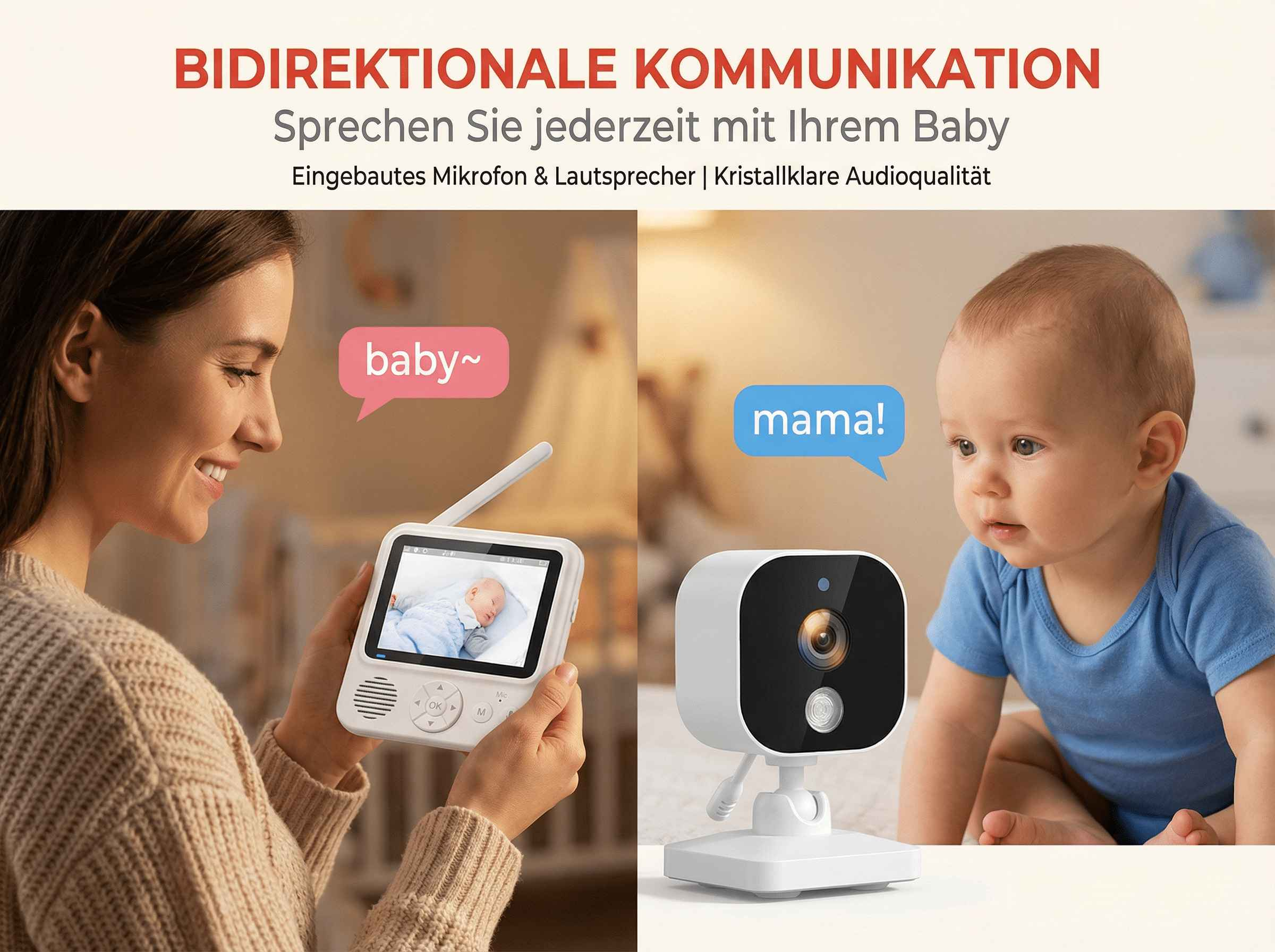 Frau mit Babyphone und Kamera für bidirektionale Kommunikation.