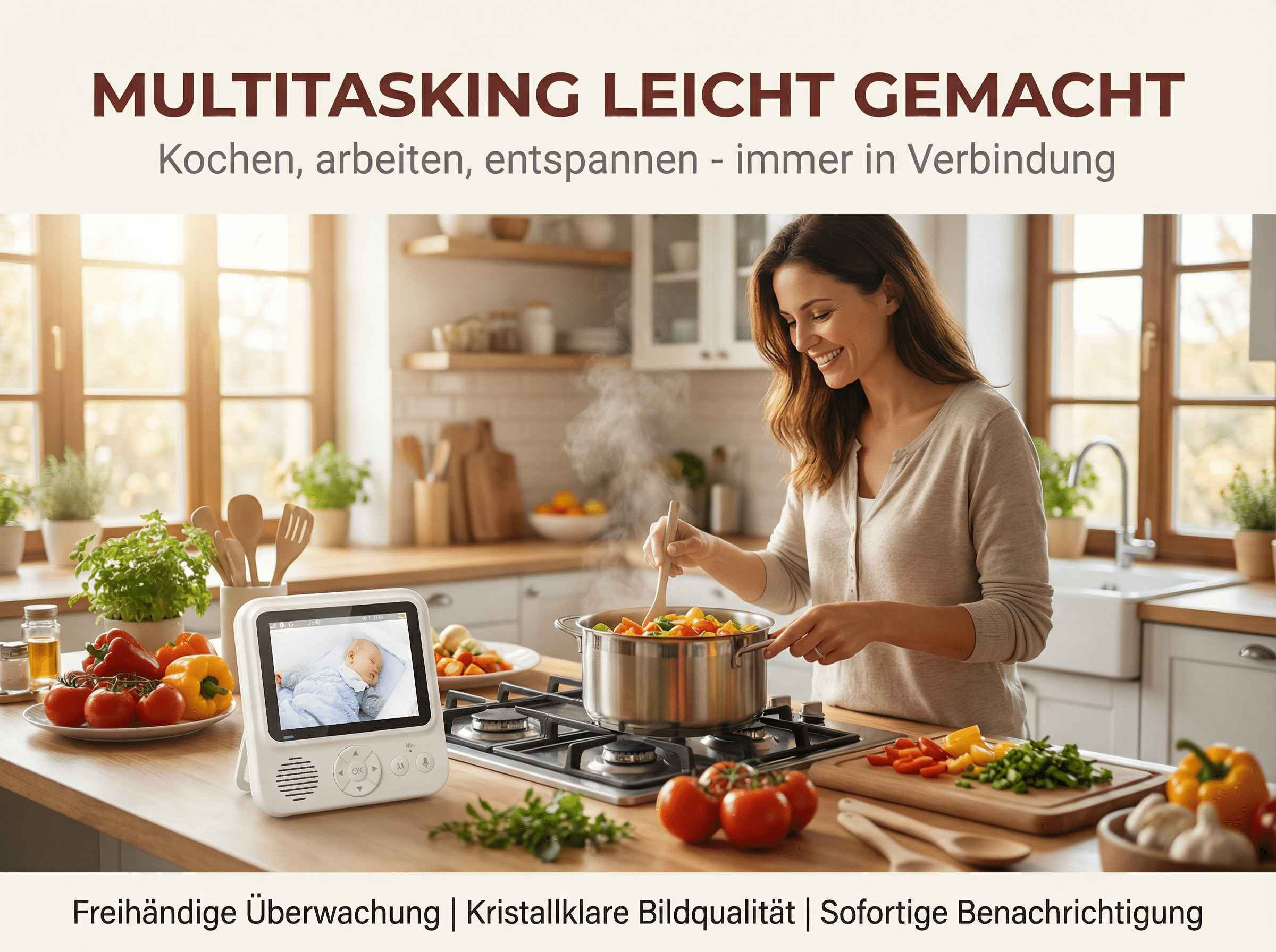 Frau kocht, während Baby auf Monitor schläft. Multitasking im Haushalt.