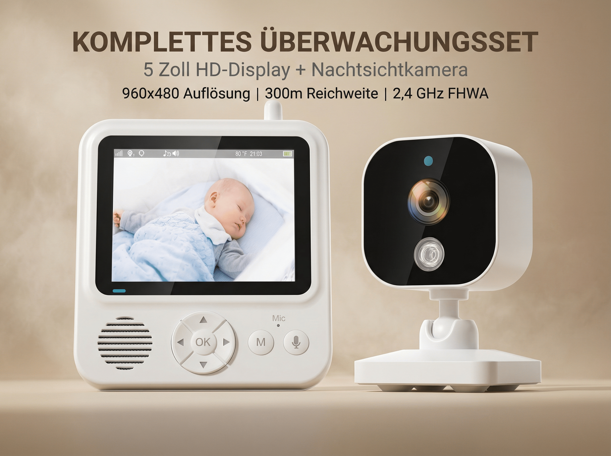 Ein Baby schläft, überwacht von einer Kamera und einem 5-Zoll-Display.