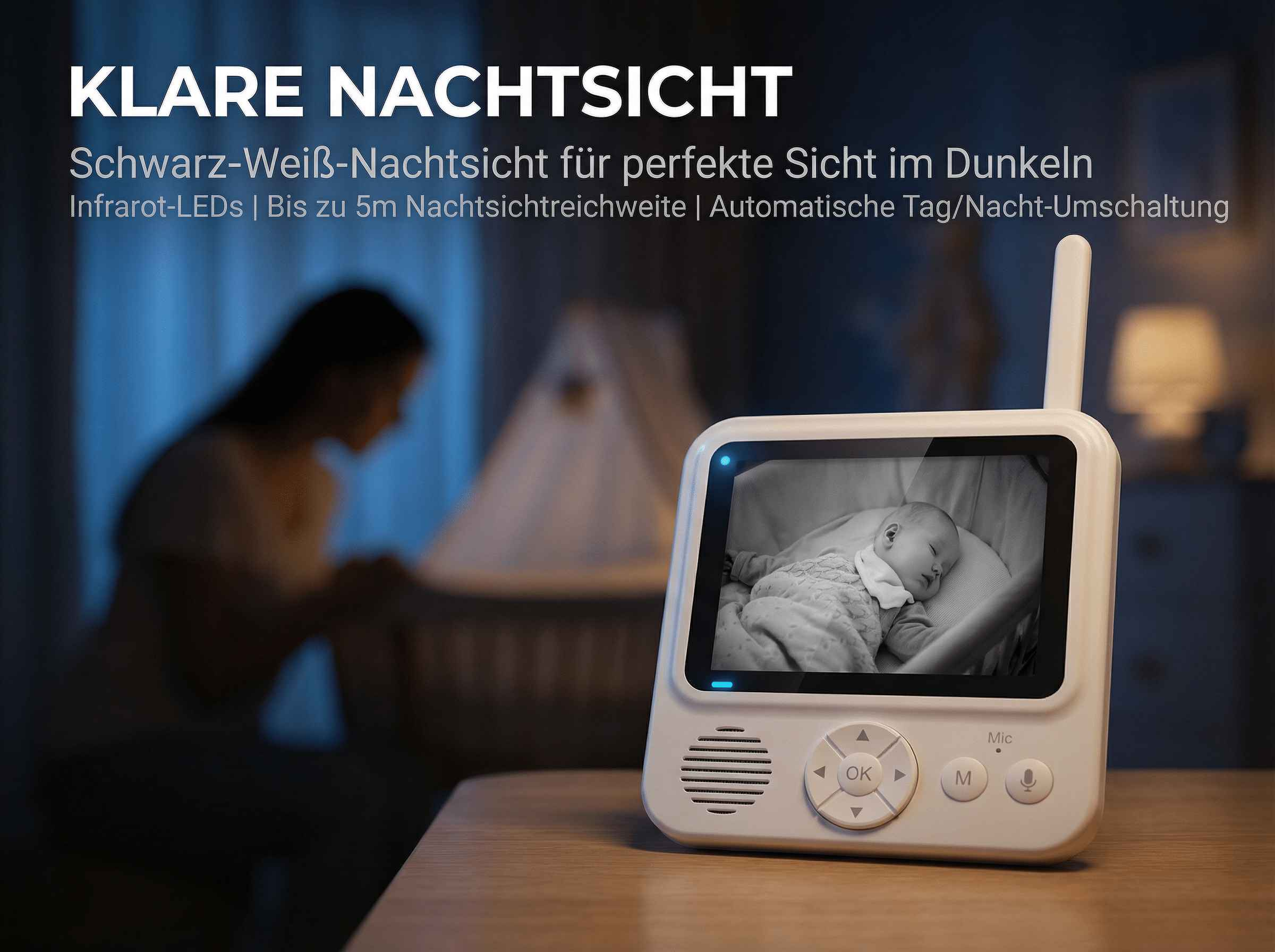 Babyphone mit Nachtsicht: Ein Baby schläft in einem Kinderbett. Die Ansicht ist schwarz-weiß.
