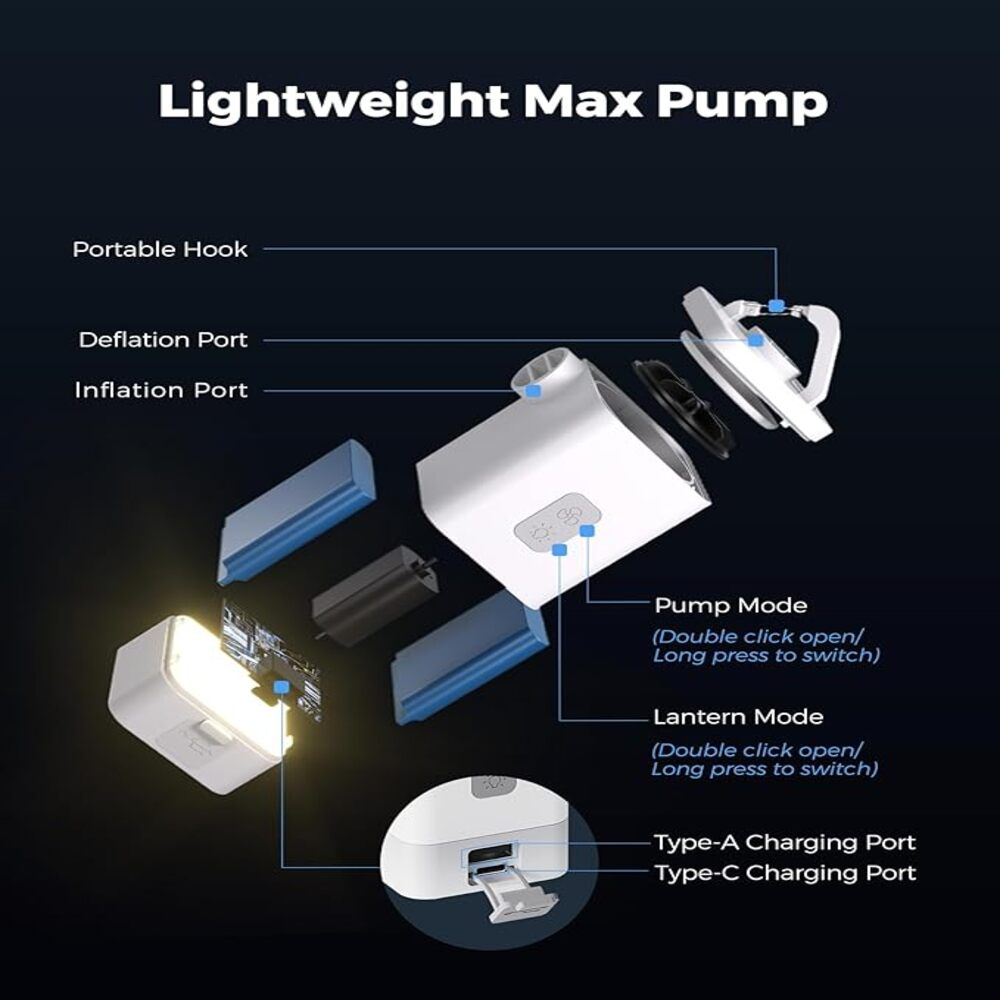 Pompa Max Leggera: Gancio portatile, porta sgonfiaggio/gonfiaggio, porte di ricarica.