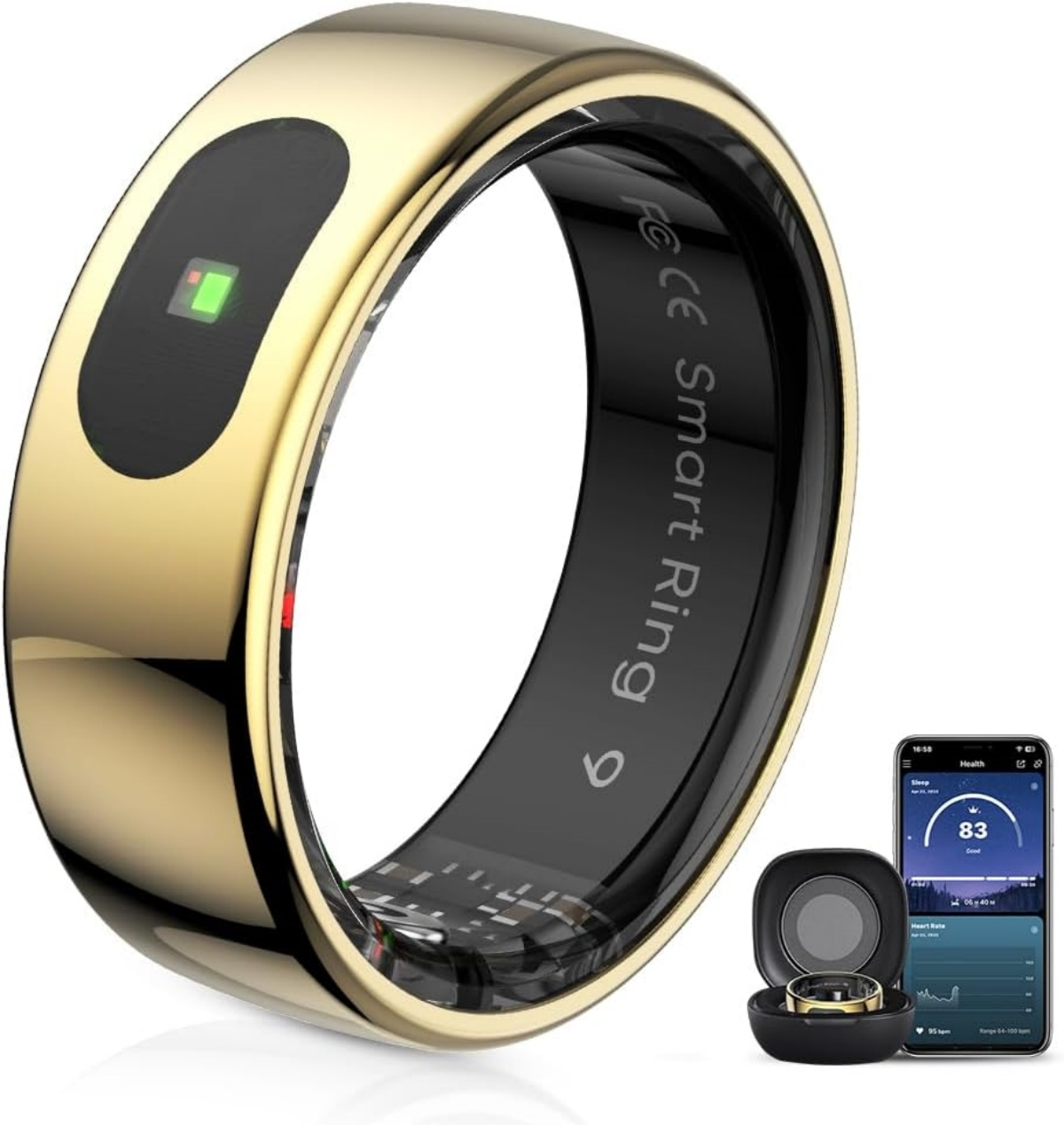 Goldener Smart Ring mit schwarzen Details, daneben Ladecase und Smartphone.