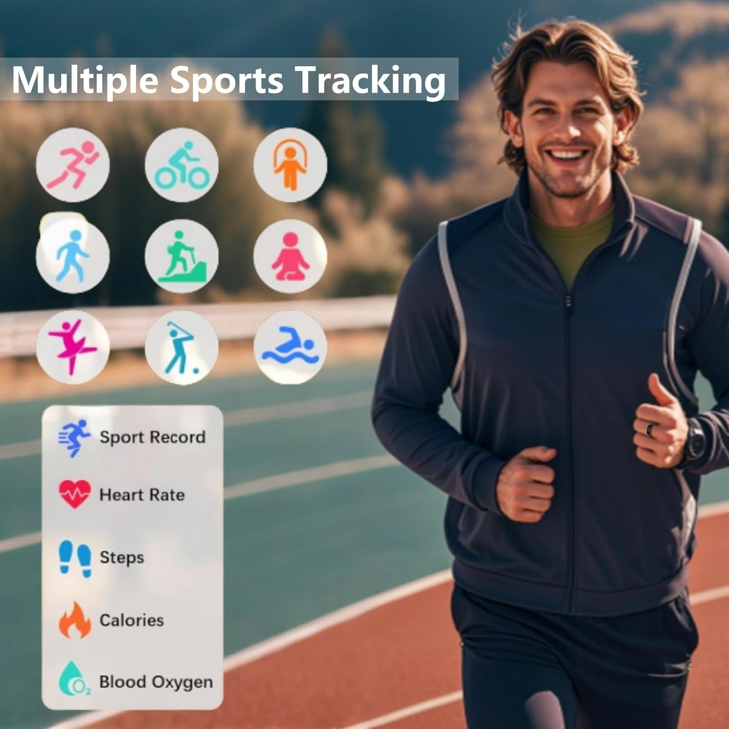 Läufer auf einer Bahn mit Sport-Tracking-Symbolen und -Statistiken.
