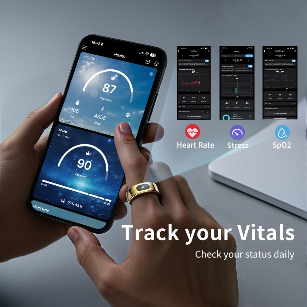 Ein Mann hält ein Smartphone mit Gesundheits-App-Daten und trägt einen Ring.
