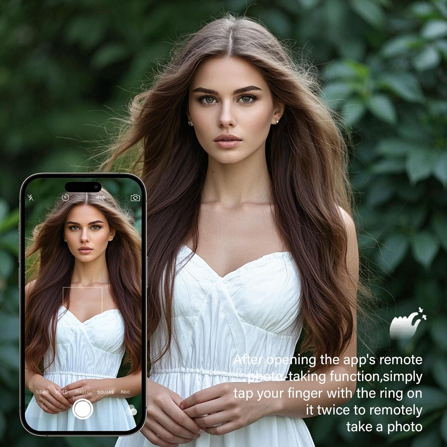 Junge Frau in weißem Kleid, iPhone-Kamera-App mit Foto der Frau.