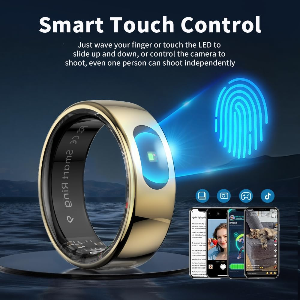 Ein goldener Smartring mit leuchtender LED, Fingerabdruck-Symbol und Handy-Screens.