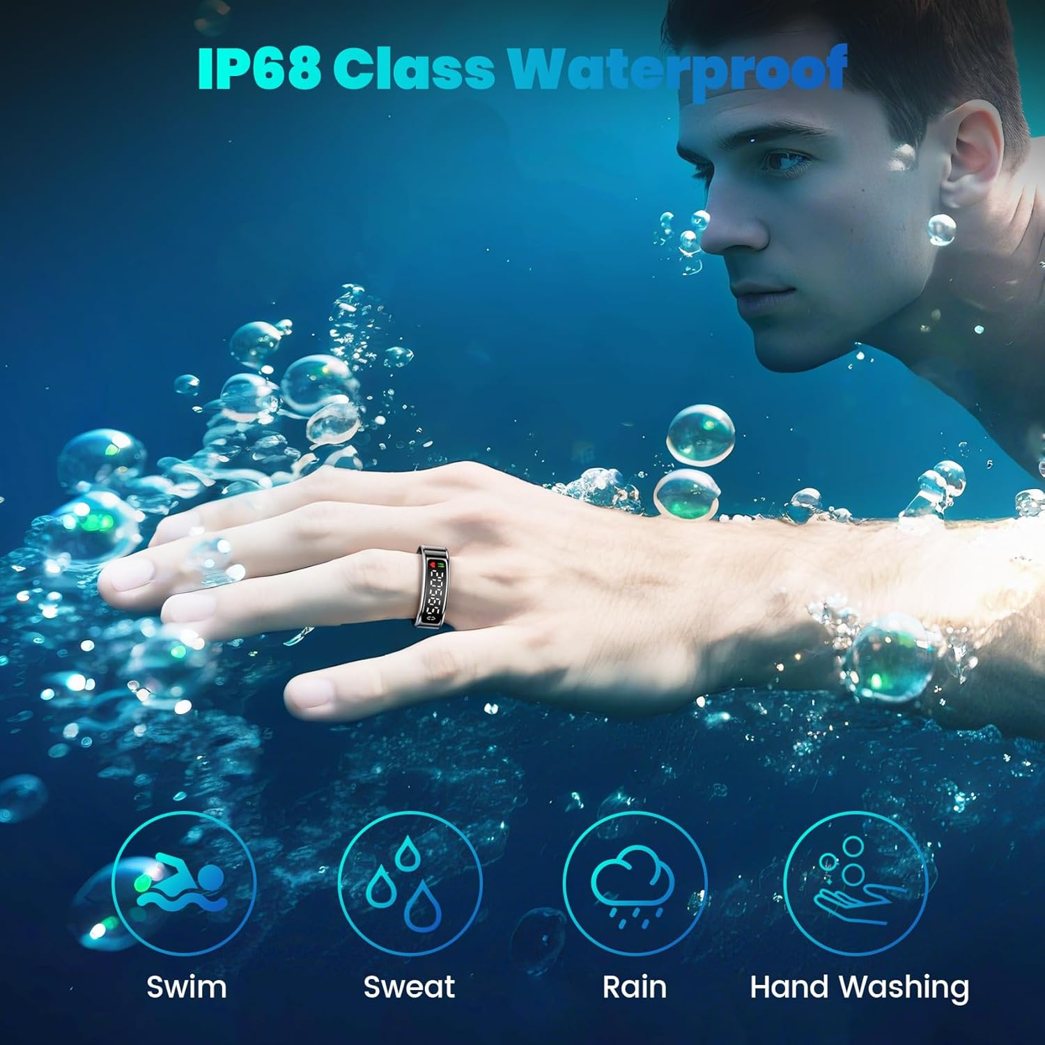 Ein Mann taucht unter Wasser, trägt einen Ring mit Display. Icons zeigen Schwimmen, Schweiß, Regen, Händewaschen.