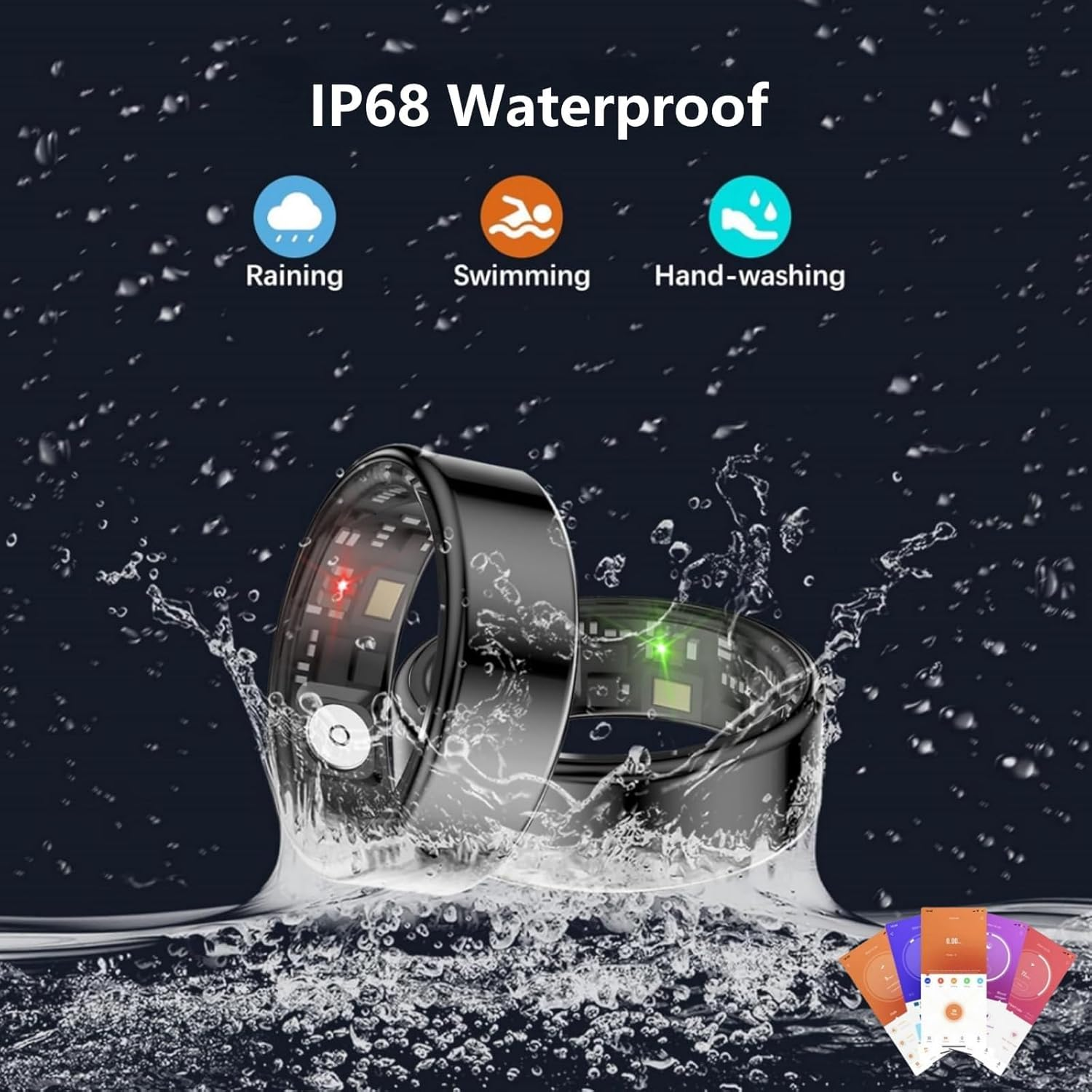 IP68 wasserdichter Ring mit roten und grünen Lichtern im Wasser, mit Icons für Regen, Schwimmen, Händewaschen.