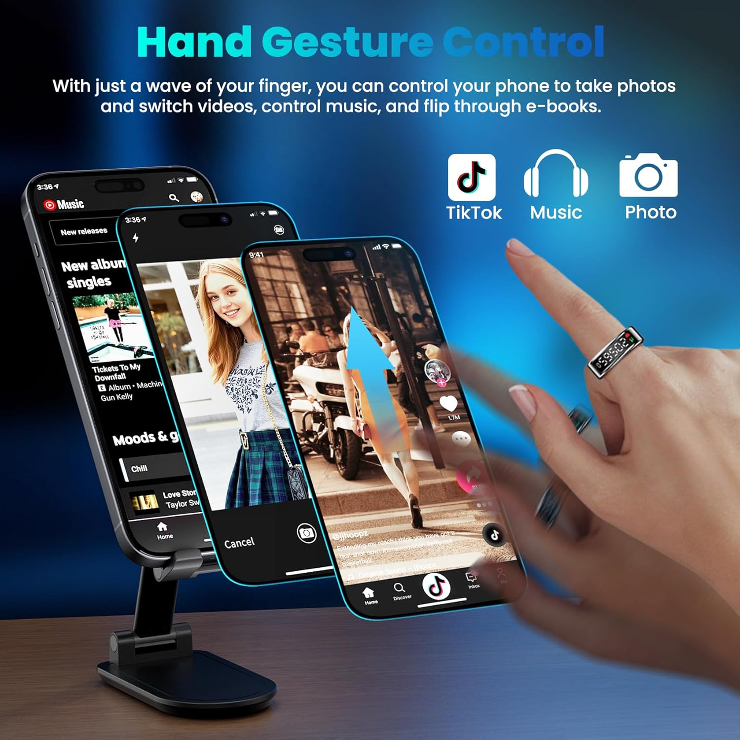 Ein Finger mit Ring bedient drei Smartphones, die auf einem Ständer stehen.