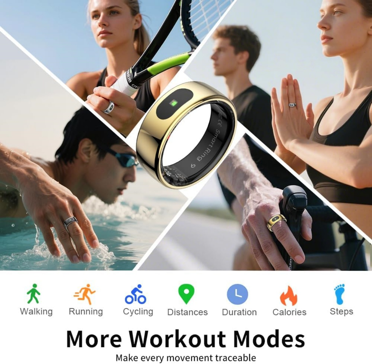 Goldener Ring mit Display, umgeben von Sportlern beim Tennis, Schwimmen, Radfahren und Yoga.