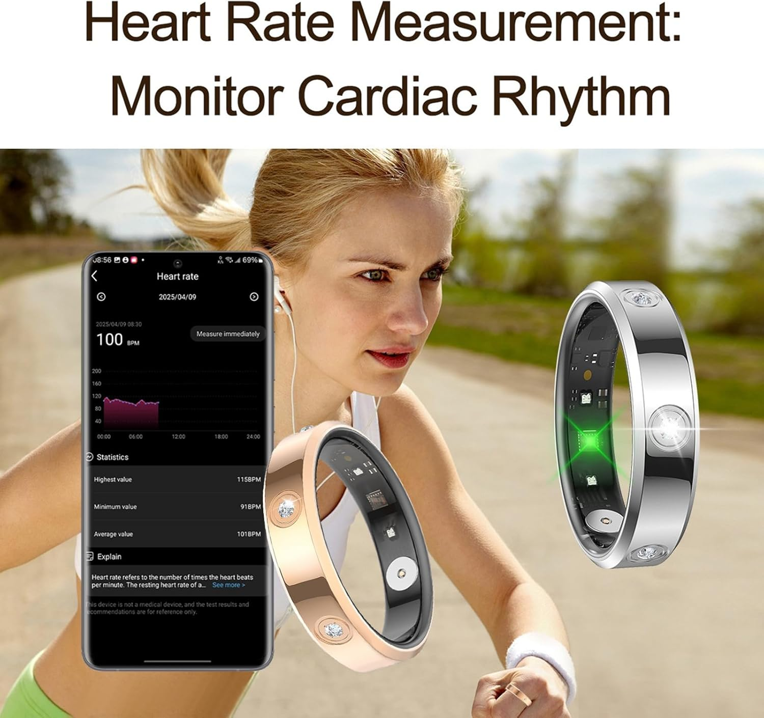 Frau mit Herzfrequenz-Ringen und Handy, das Herzrhythmus-Daten anzeigt.