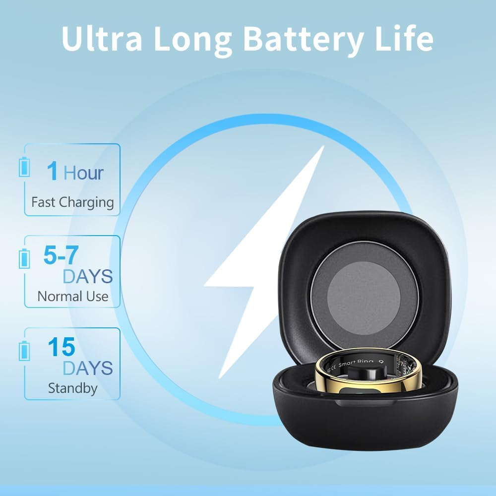 Ein goldener Smartring in einer schwarzen Ladestation mit Batterieinformationen.