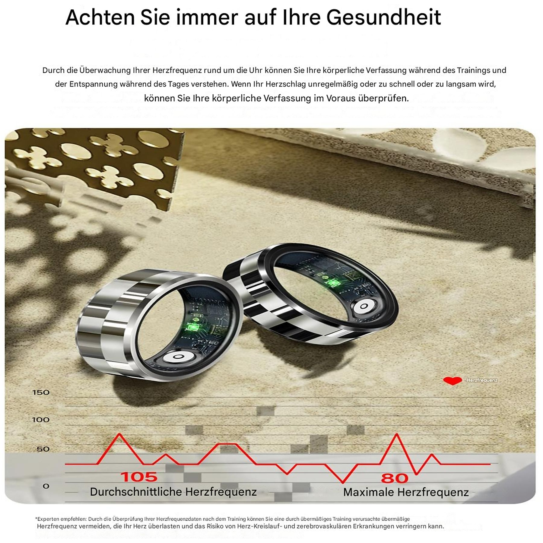 Zwei Smart-Ringe liegen auf Sand. Eine Grafik zeigt Herzfrequenzdaten.