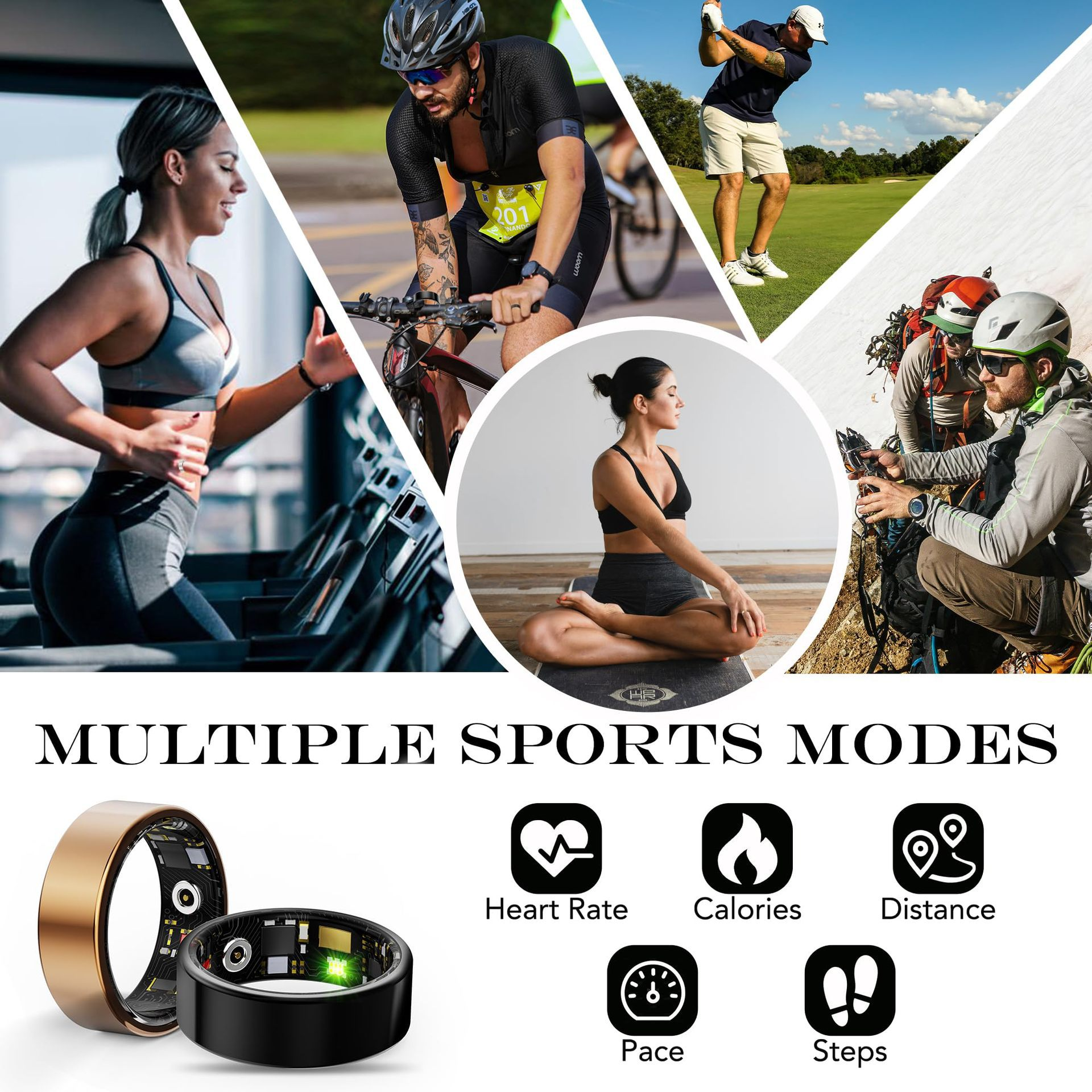 Collage: Laufen, Radfahren, Golf, Klettern, Yoga, Ringe, Sport-Icons.